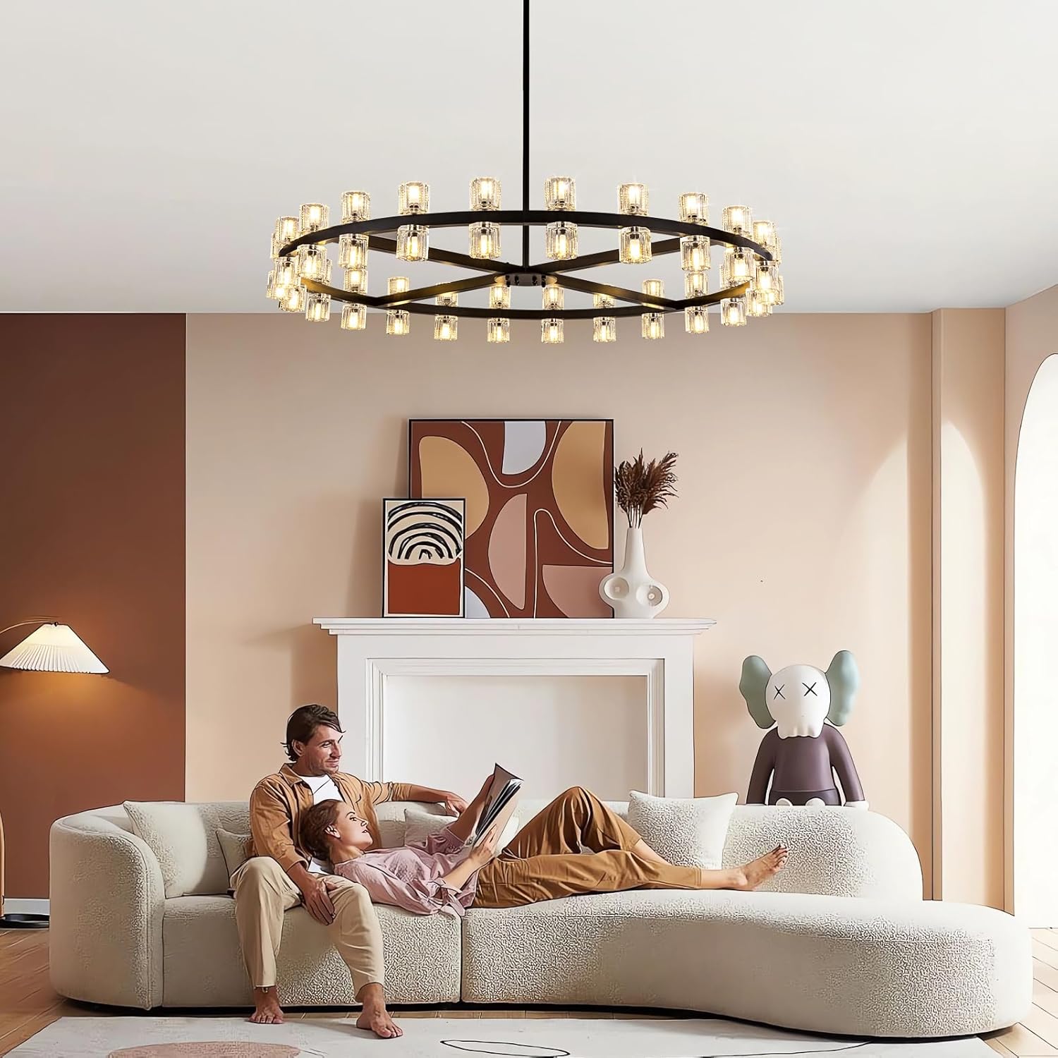 48'' Modern Large Chandelier, 48-Light Elegant Crystal Chandeliers for Dining Room, Black Farmhouse Round Wagon Wheel Pendant Lighting Fixture with Glass Shade for Living Room High Ceilings Entryway