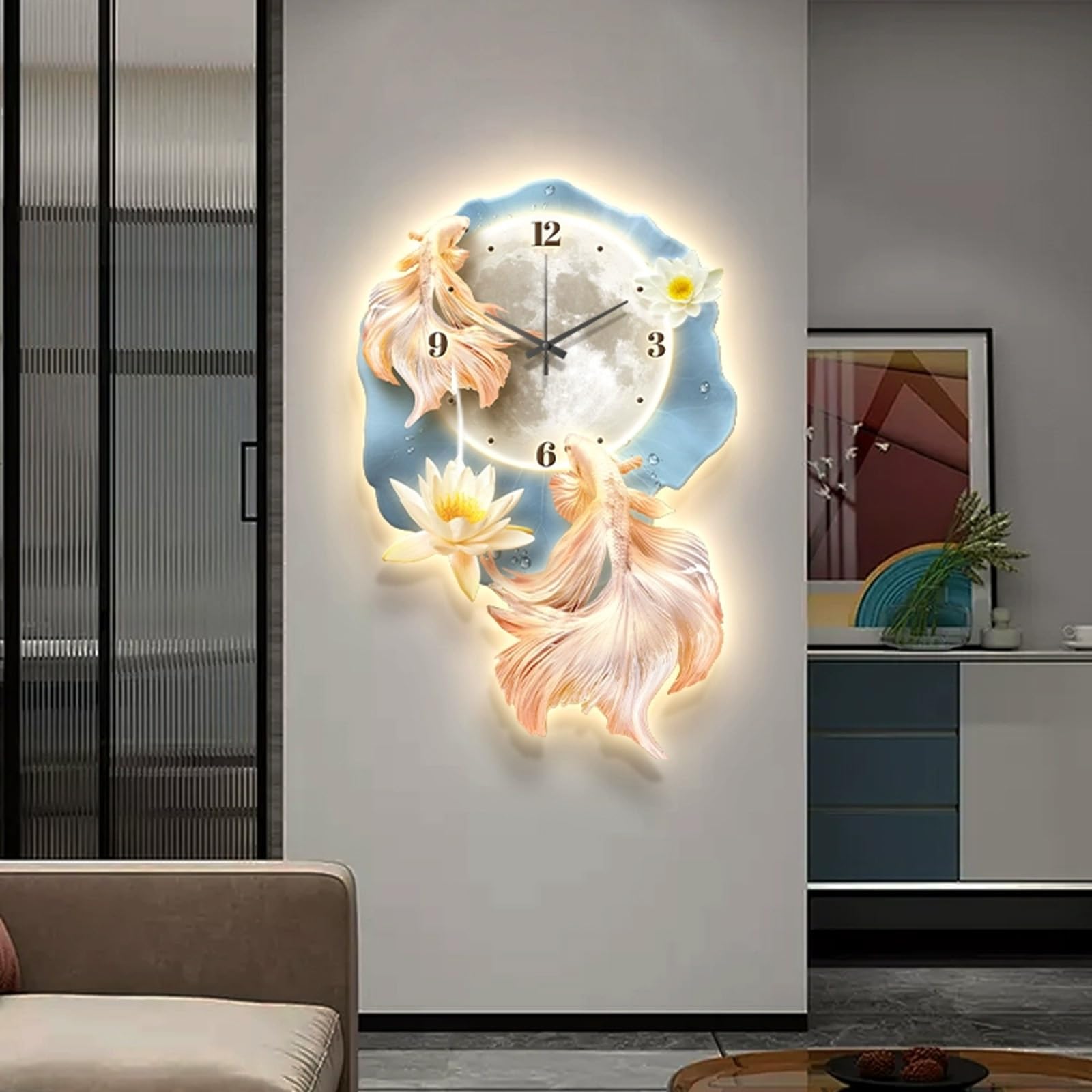 Orologio da parete 3D con luce LED, motivo pesce koi, decorazione orientale per la casa, soggiorno e camera da letto