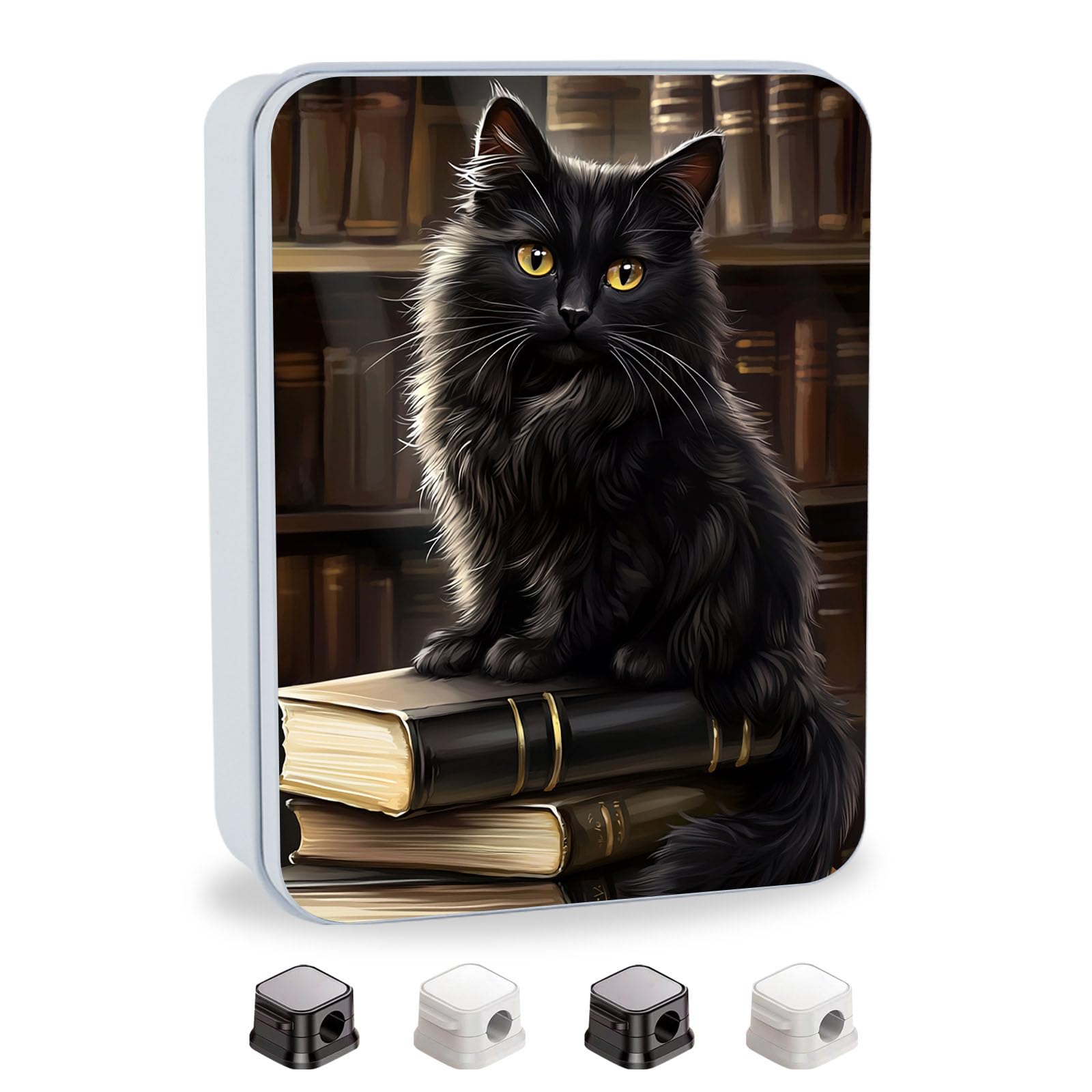 Metal Tin Box with Lid,Multi-functional Storage Large Box Can Store Tea Biscuits Game Cards, Playing &amp; Tarot Cards-Comes with 4 Magnetic Cord Clips,Black Cat on Books