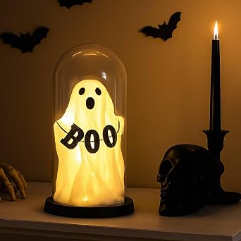 Seematn Halloween Light up Ghost Dome Cloche Table Centerpiece Decor,Boo