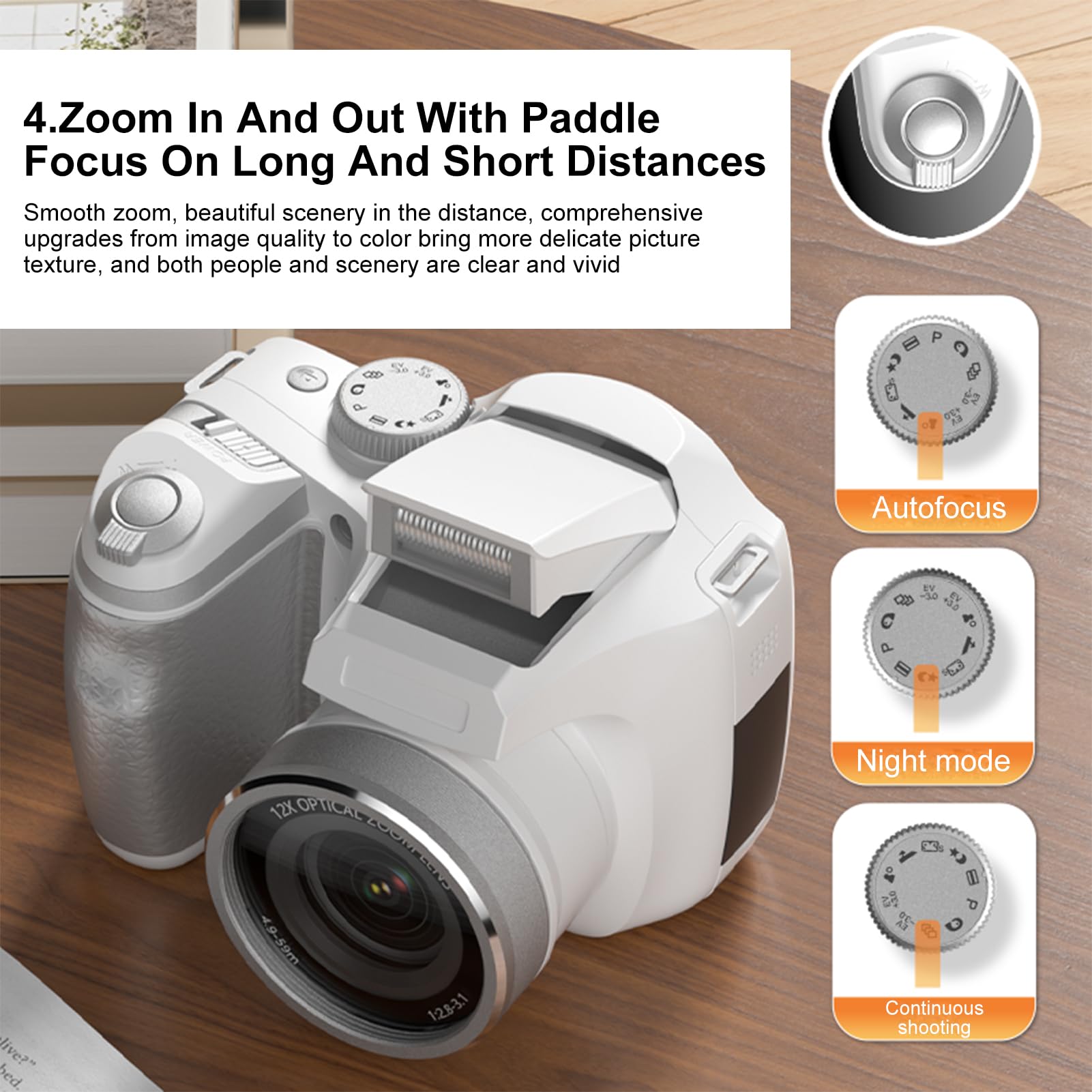 Bewinner Fotocamera Digitale 4K per Fotografia, Fotocamere Vlogging da 60 MP con Schermata da 2,88 ", Zoom Ottico 12x, Videocamera Video Autofocus per Principiante (WHITE)