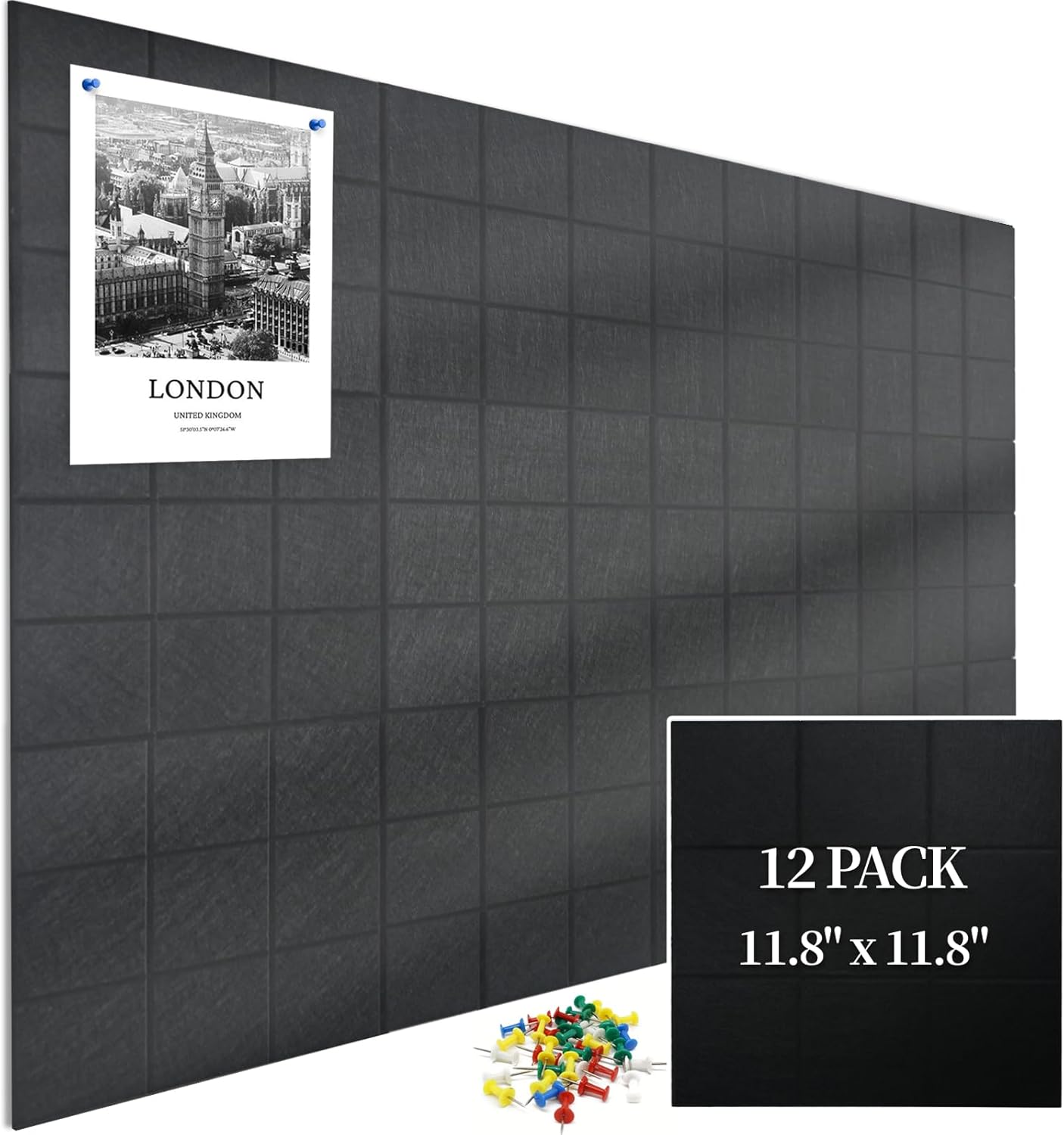 12 Pack Large Cork Board for Walls, 48" X 36" Felt Bulletin Board Tiles with 48 Safe Removable Adhesive Tabs & 60 Push Pins Board Decorative Cork Board Tack Board Wall Organizer for Office - Black Black Modern GridWeave?