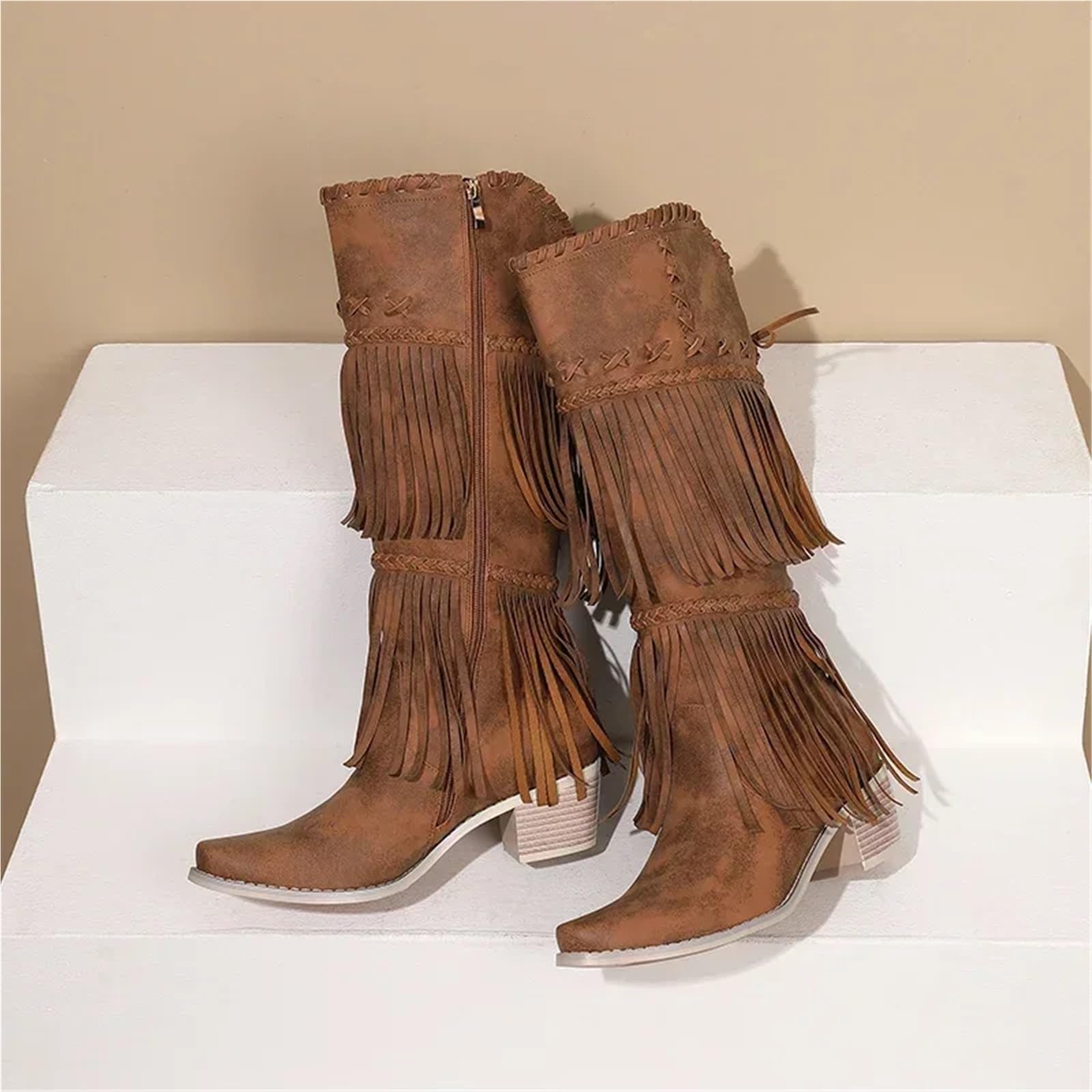 Stivali Texani Donna Stivali alti al ginocchio con frange da cowgirl occidentali donna nappa intrecciata rosa Punta a punta deformata Tacchi quadrati