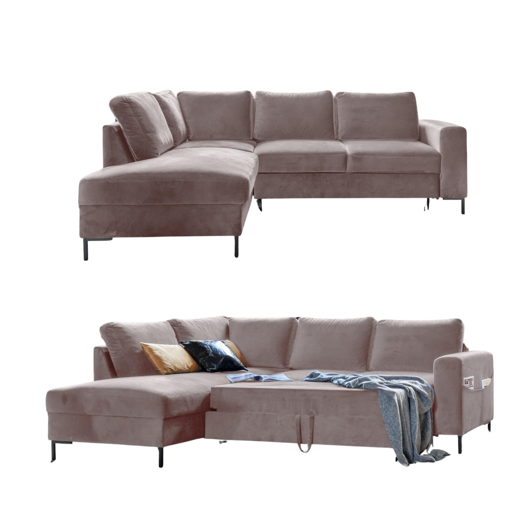 MIUFORM Lofty Lilly, 6er Ecksofa mit Schlaffunktion, Links, Dunkelbeige