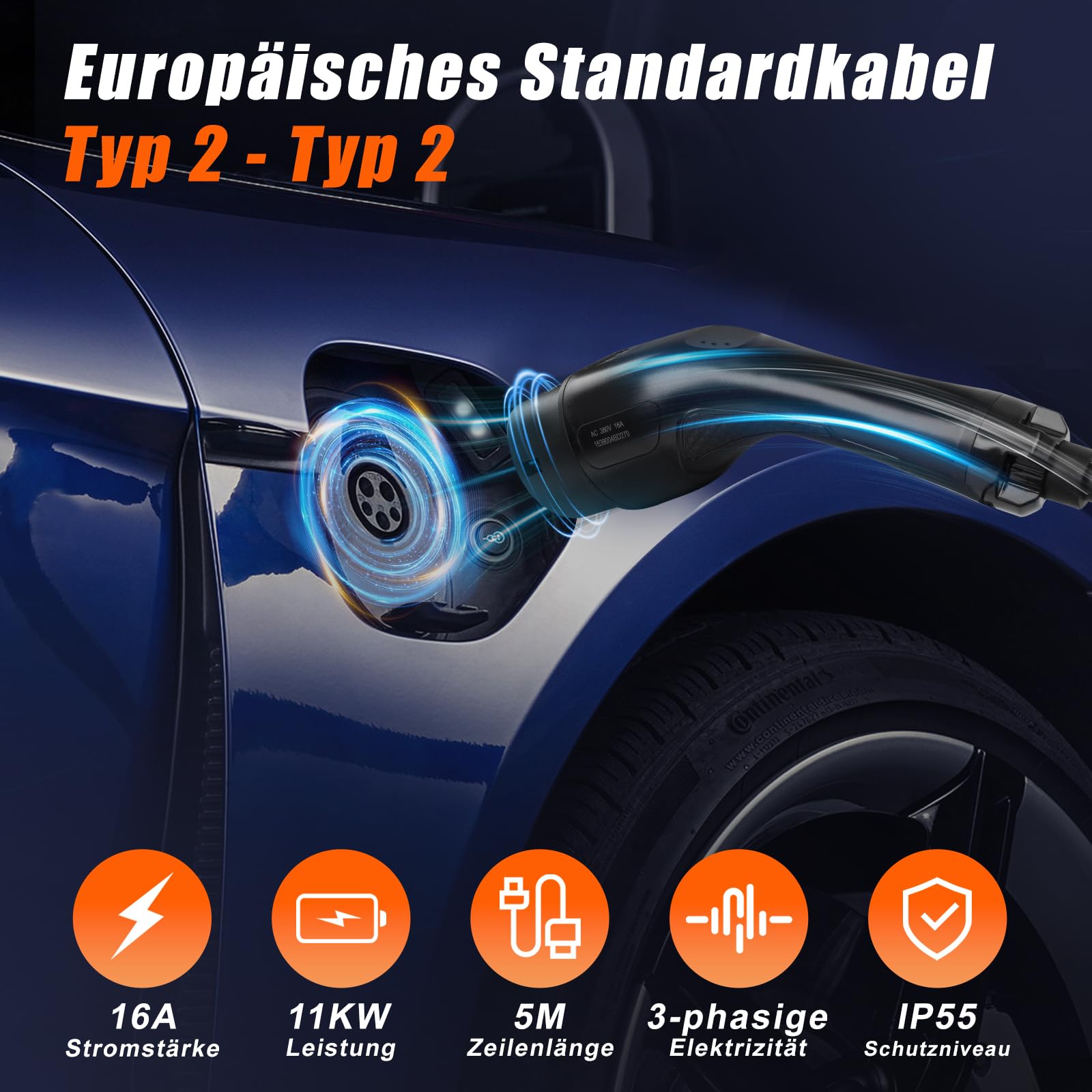 3-fazowy kabel do ładowania AC 11 kW 16 A – norma UE typ 2, podwójna wtyczka 5 m długości MRS-EST-JZ11016 z certyfikatem CE (kabel przyłączeniowy do ładowarek).