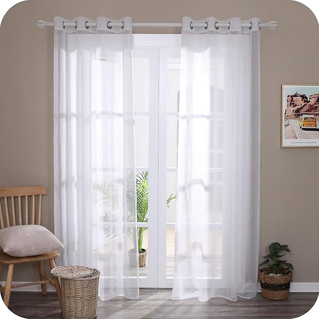 Amazon Brand - Umi Christmas Decorations Voile Curtains Eyelet Net Curtains Semi Sheer Curtains Decorative Sheer Voile Curtains Light Weight Voile Net Curtains White 55 x 54 Inch 2 Panels