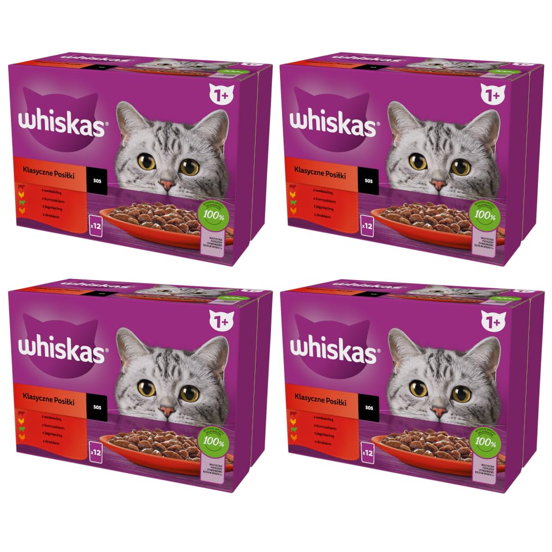 WHISKAS Posiłki dla kotów - 48 saszetek świeżości (zestaw 2 opakowań 24 x 85 g), klasyczne posiłki (4 odmiany), pasta dla dorosłych kotów w sosie. Pełna, mokra karma odpowiednia również dla kotów
