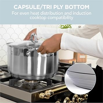Alpha Living SP-08G Stainless Steel Pot with Capsule Bottom Induction Compatible 8Qt Pot with Lid Tri-Ply Ultra-Thick Bottom Ideal for Spaghetti, Cooking, Canning, Boiling