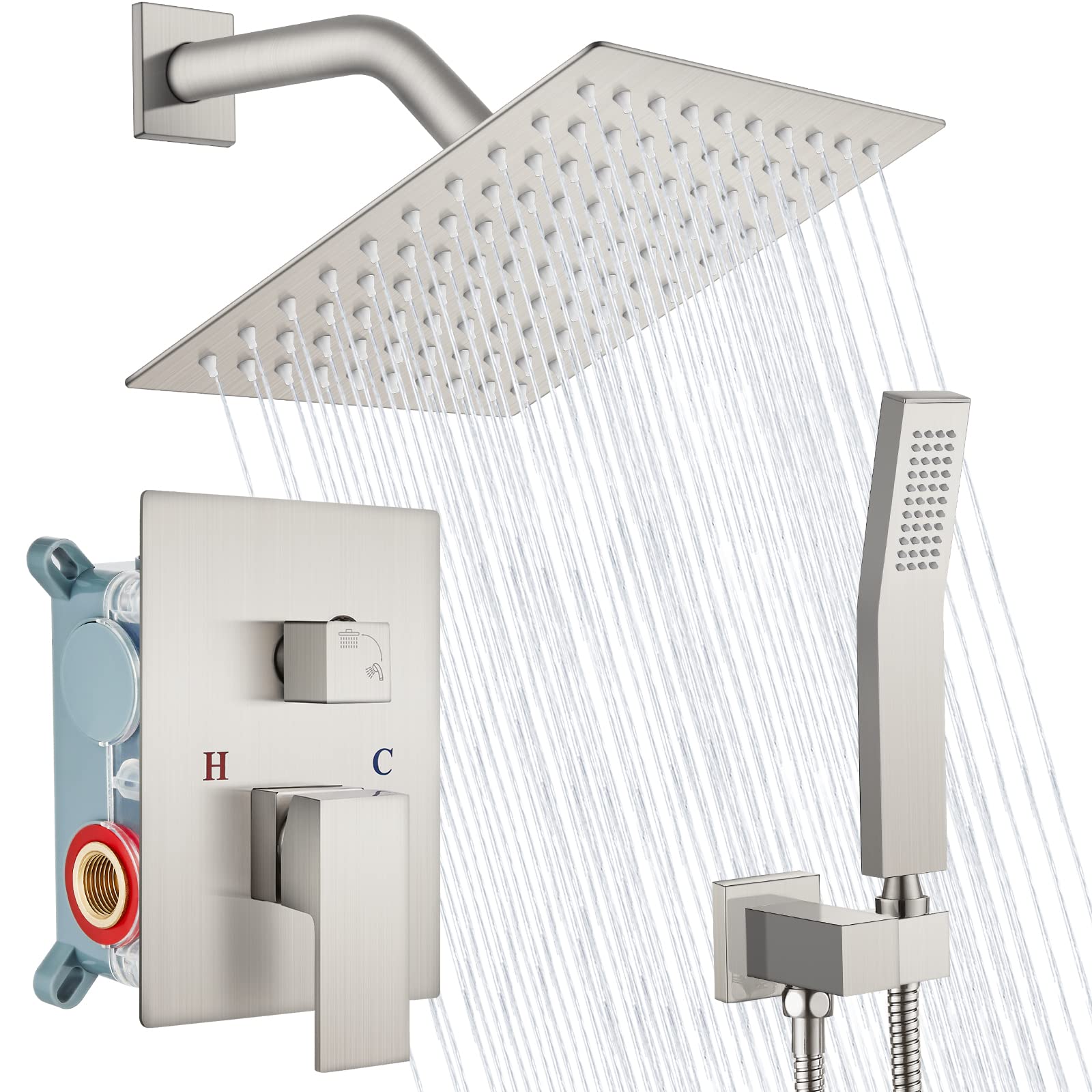 Conjunto de grifería de ducha de níquel cepillado para baño, sistema de ducha de pared, cabezal de ducha de lluvia cuadrado de 8 pulgadas a juego con grifo de lavabo de baño de níquel cepillado con