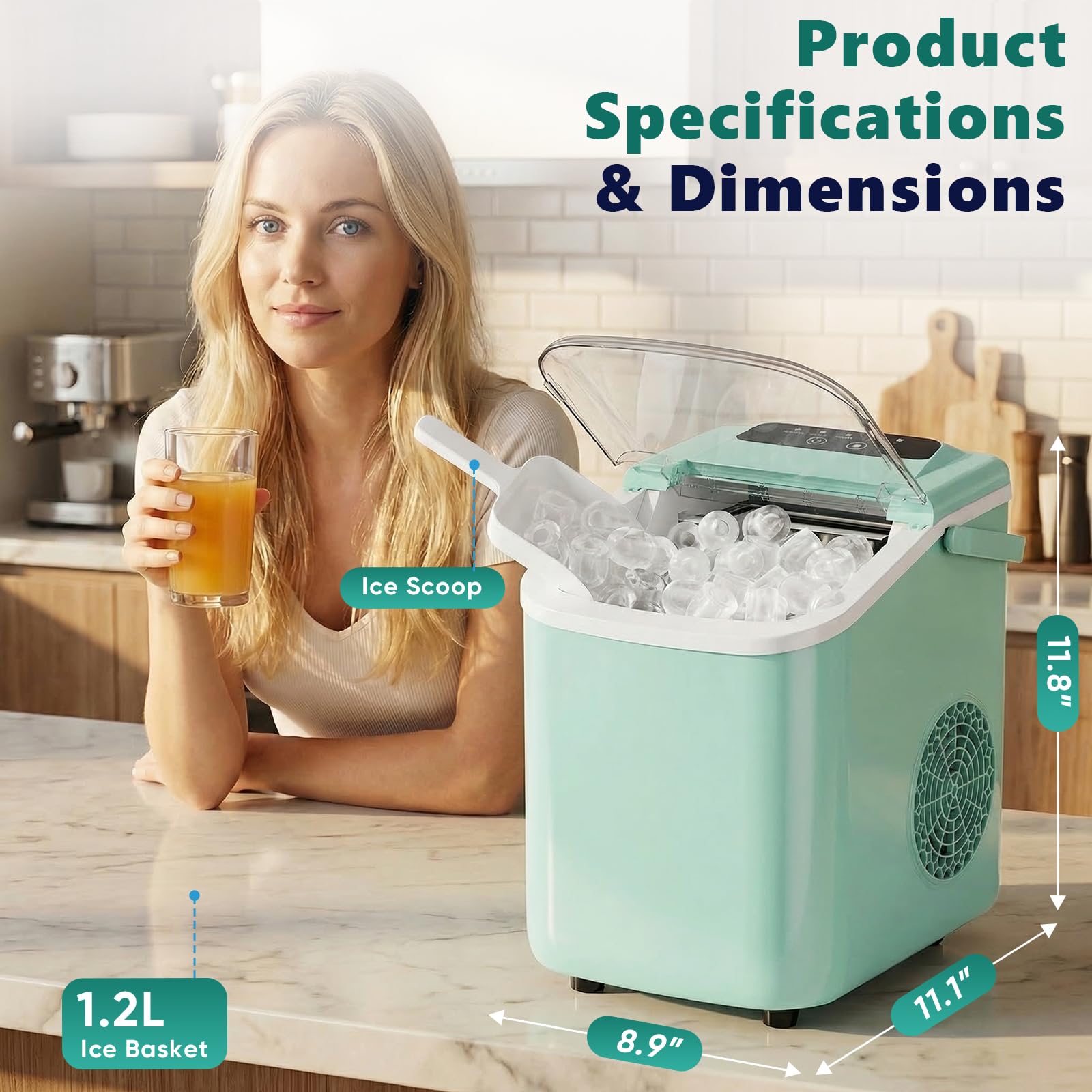 Sweetcrispy Countertop Ice Maker with Scoop, Basket and Handle, Portable Ice Machine 9 Cubes Ready in 6 Mins, 26.5lbs in 24Hrs, 2 Sizes for Home Kitchen Office Bar Party view 5