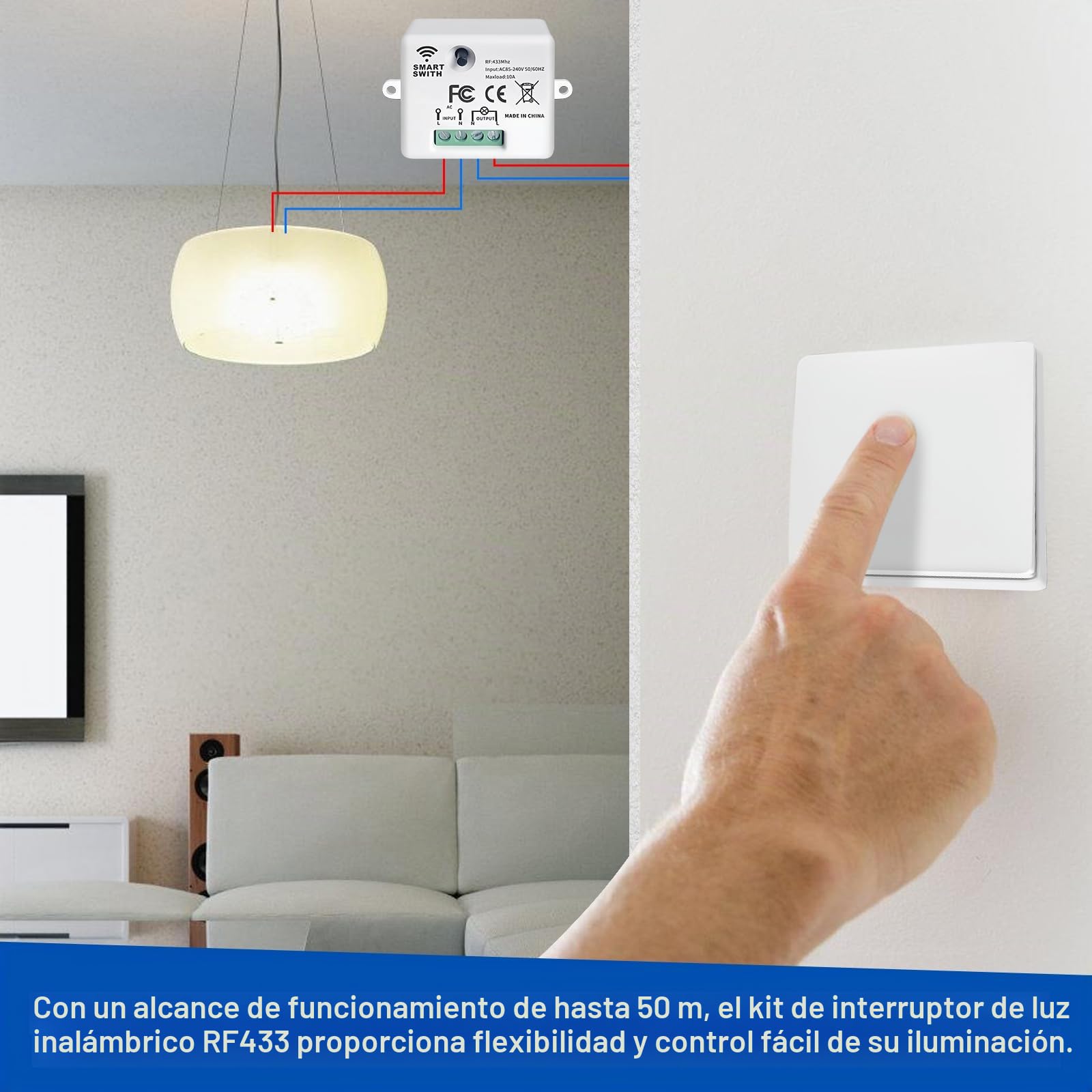 RF433 Kit Interruptor Inalambrico: Interruptor Radio Pared, Interruptor de Luz Inalámbrica con Receptor, Kit de 3 Vías, Sin Batería, Interior Alcance 50M para Electrodomésticos