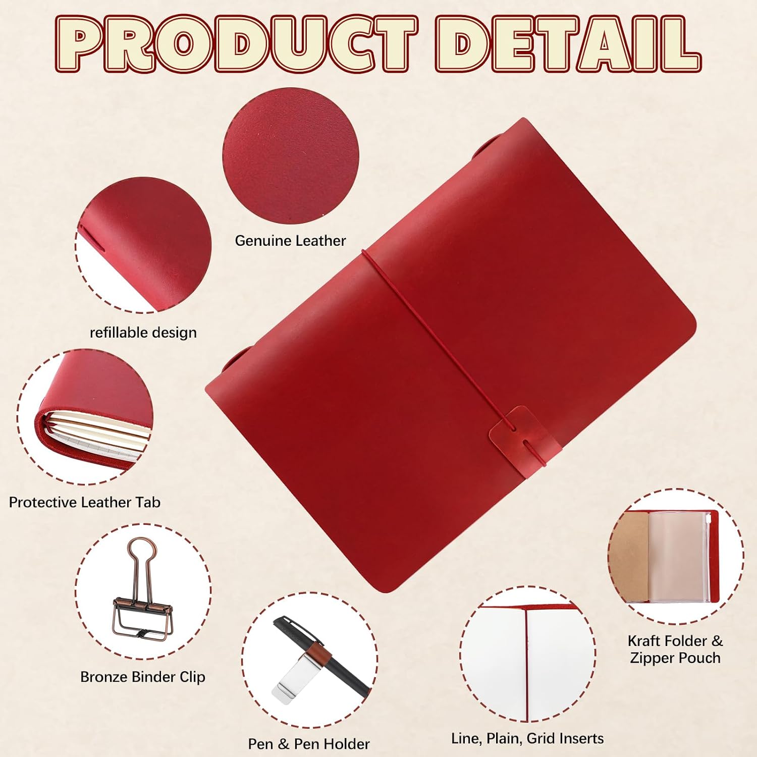 Thenshop Travelers Refillable Leather Journal Notebook Travel Diary Handmade Passport Travelers Journal for Men and Women with 3 Notebook Inserts, Pen Holder, Binder Clip(Wine Red,A5 Size)