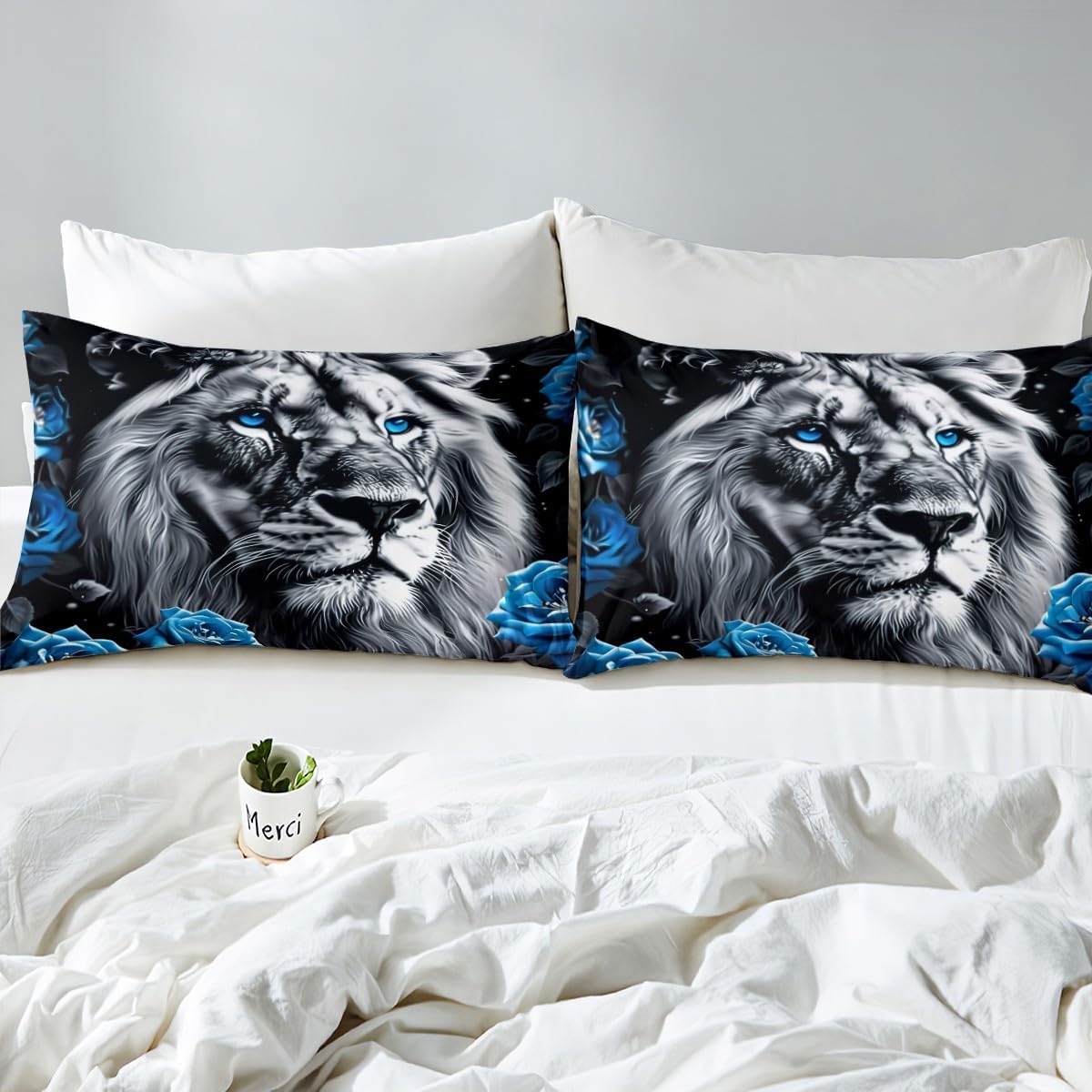 Lion Pattern Bed Sheet Queen Size Blue Rose Sheets Sets Adults Bedroom Decor Wild Animals Microfiber Bedding Set with Flat,Fitted Sheet,2 Pillow Cases