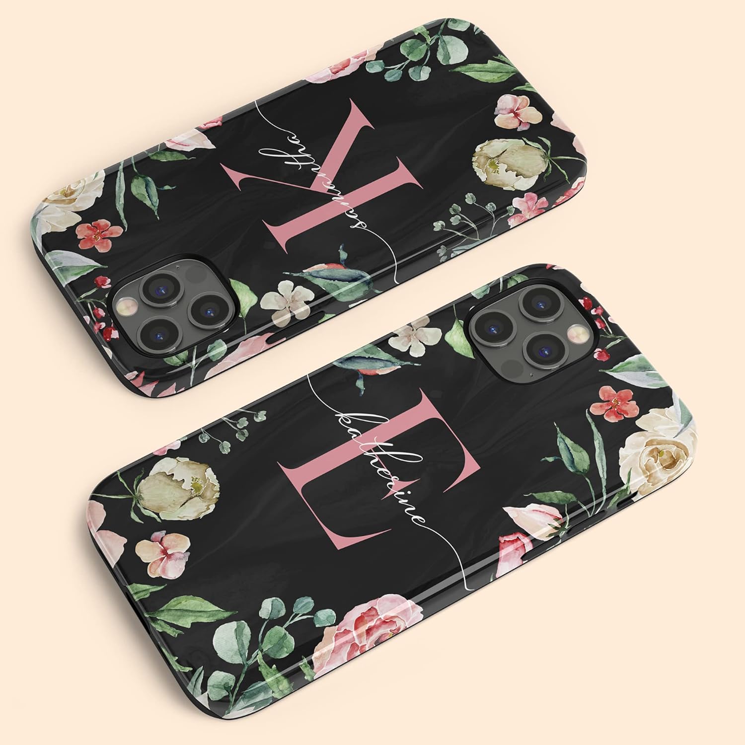 Custom Roses Monogram Initial Case, Personalized Name Case, Compatible with iPhone 17 Air, 16 Pro Max, 15 Plus, 14, 13 Mini, 12, 11, X/XS Max, XR, 7/8