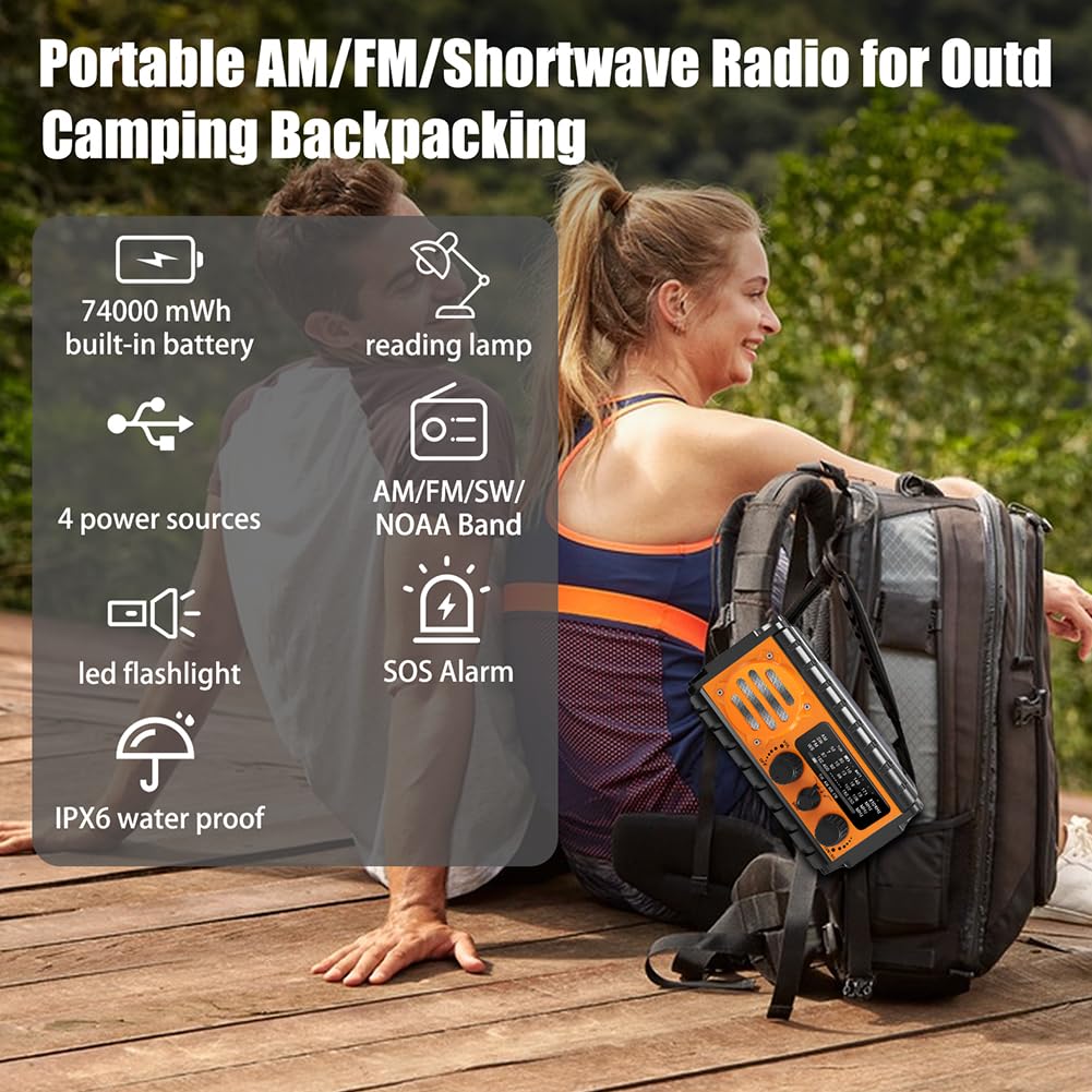 Radio Solar de Mano con Alimentación 4 En 1: Batería De 20000 mAh, Radio Am/FM/SW Y NOAA, Luz De Lectura Y Linterna para Aventuras Al Aire Libre Y Emergencias