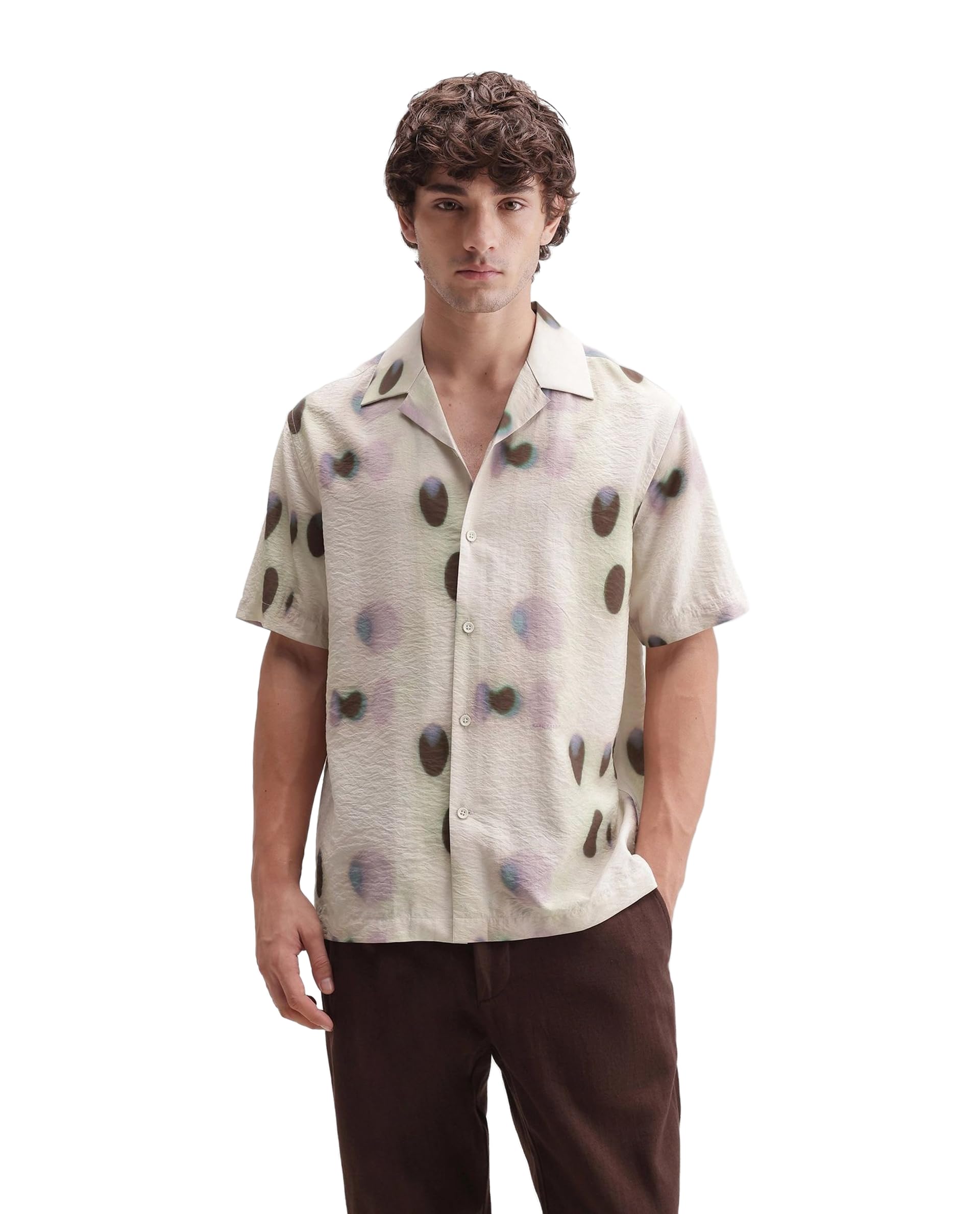 rare rabbit Men Relaxed Polka Dot White Viscose Blend Short Sleeve Button Shirt-picture-36