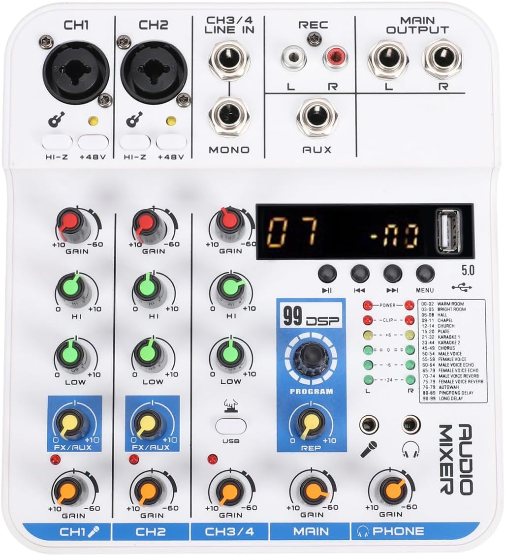4 Channel Sound Mixer DSP Digital Reverb USB BT MP3 Module with 99 Effects and Type C Power for Live Streaming Home KTV Karaoke (White)