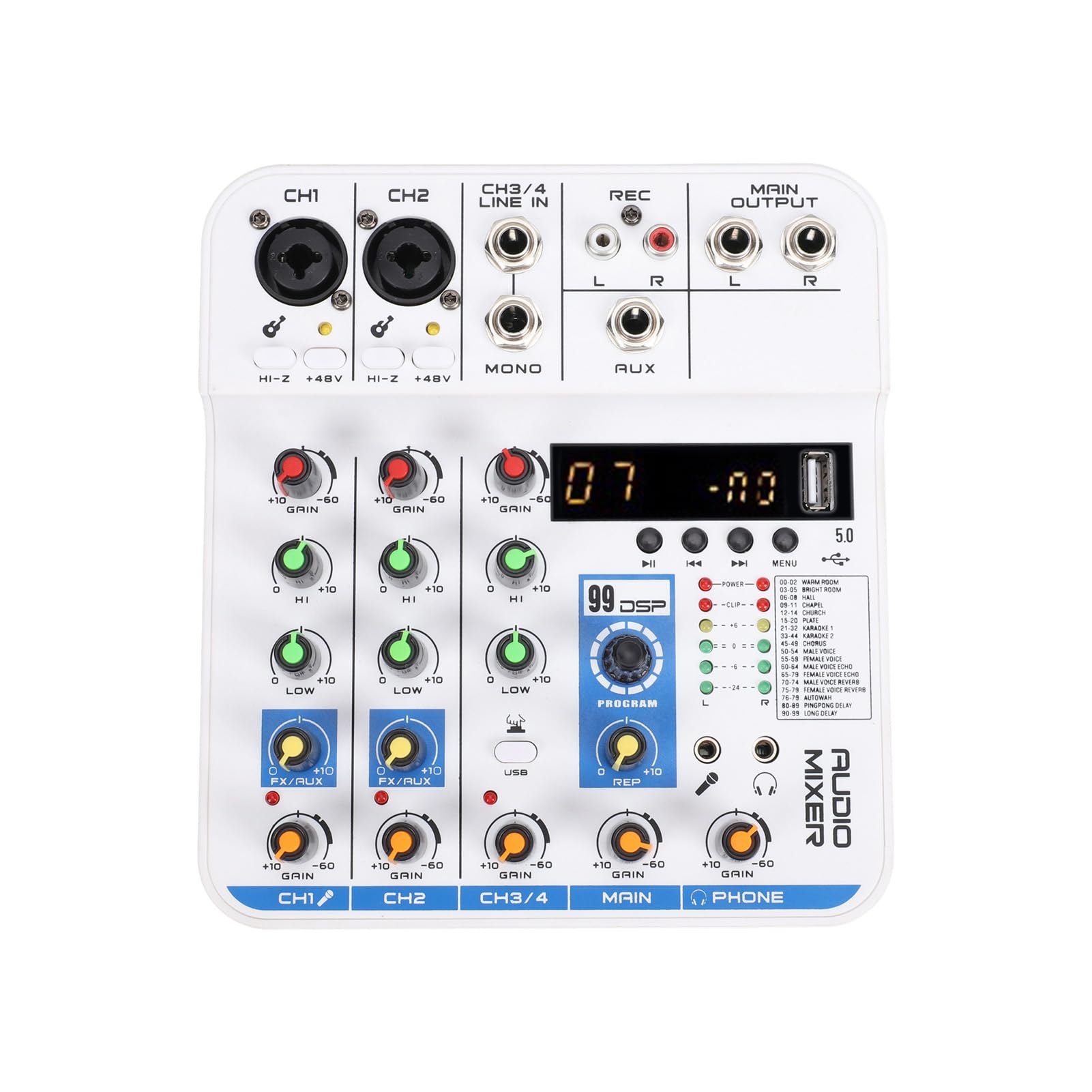 Asixxsix 4-kanałowy Mikser Audio, Cyfrowy Pogłos Bluetooth DSP, Płyta Dźwiękowa Miksera DJ z Wejściem USB MP3 XLR 6,35 Mm, 3,5 Mm i Zasilaniem Phantom 48 V, Płytka Miksera Dźwięku (WHITE)