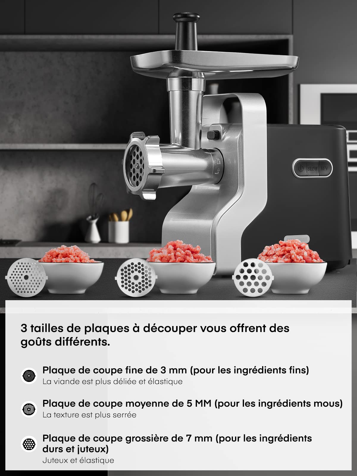 HOUSNAT 5-en-1 Multifonctions Hachoir à Viande Électrique Professionnel | avec 3 Plaques de Broyage en Acier Inoxydable, 2800W Max Puissance de Verrouillage, pour Saucisse, Kubbe, Légume