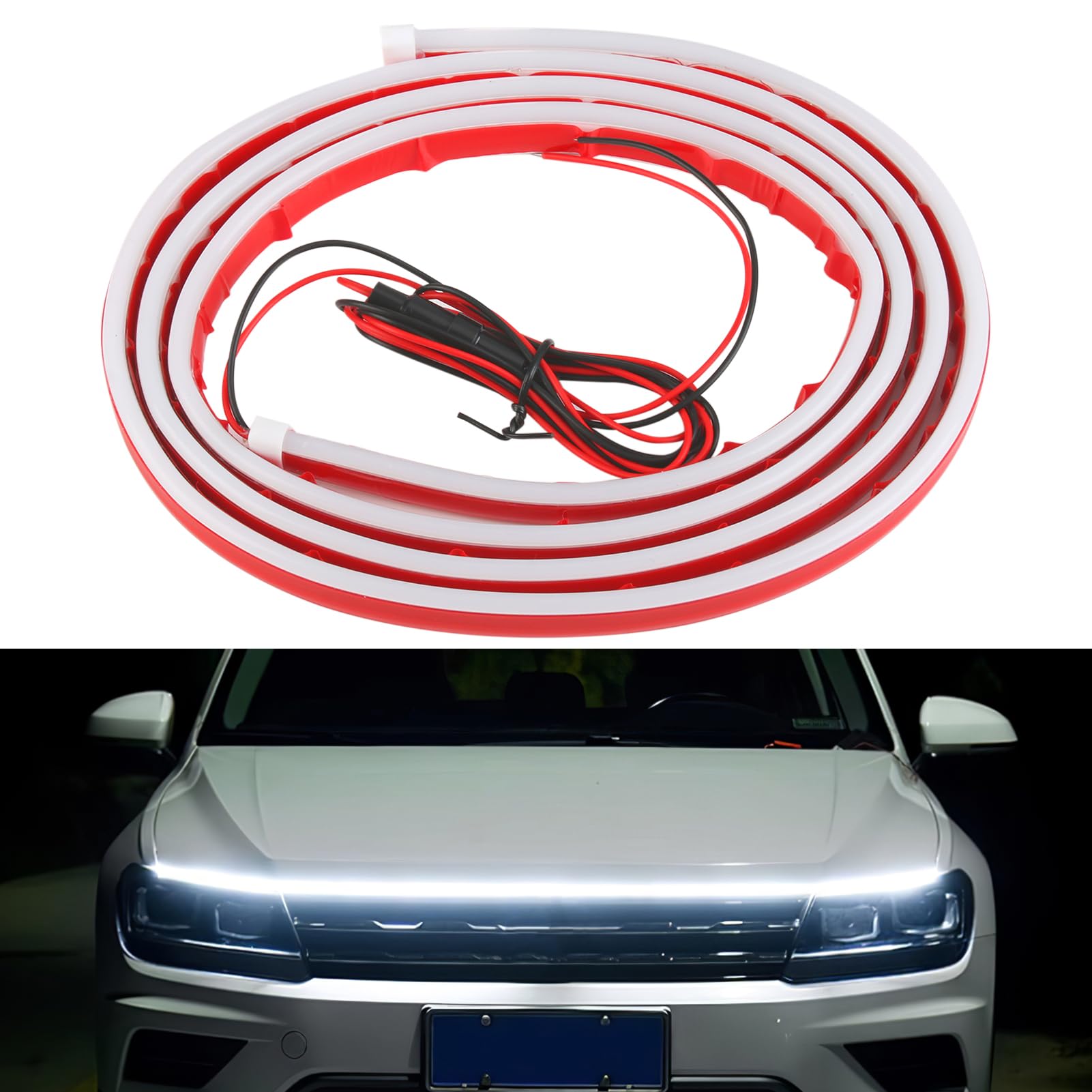 Car LED Hood Light Strip 1.8M 12V Front Bonnet Daytime Running Lights Engine Cover Decoration Accessories Flexible Waterproof Easy Install for Cars Trucks SUVs Bright Dynamic Start-Up Effect