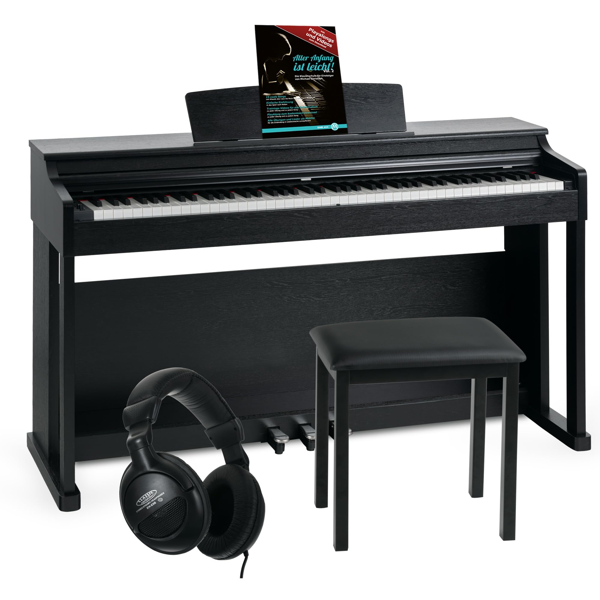 McGrey DP-19 SM E-Piano Set - 88 tasti pesati con meccanica a martello e dinamica di tocco - 8 suoni - copritastiera - incl. sgabello da pianoforte, cuffie e scuola di pianoforte - Nero opaco