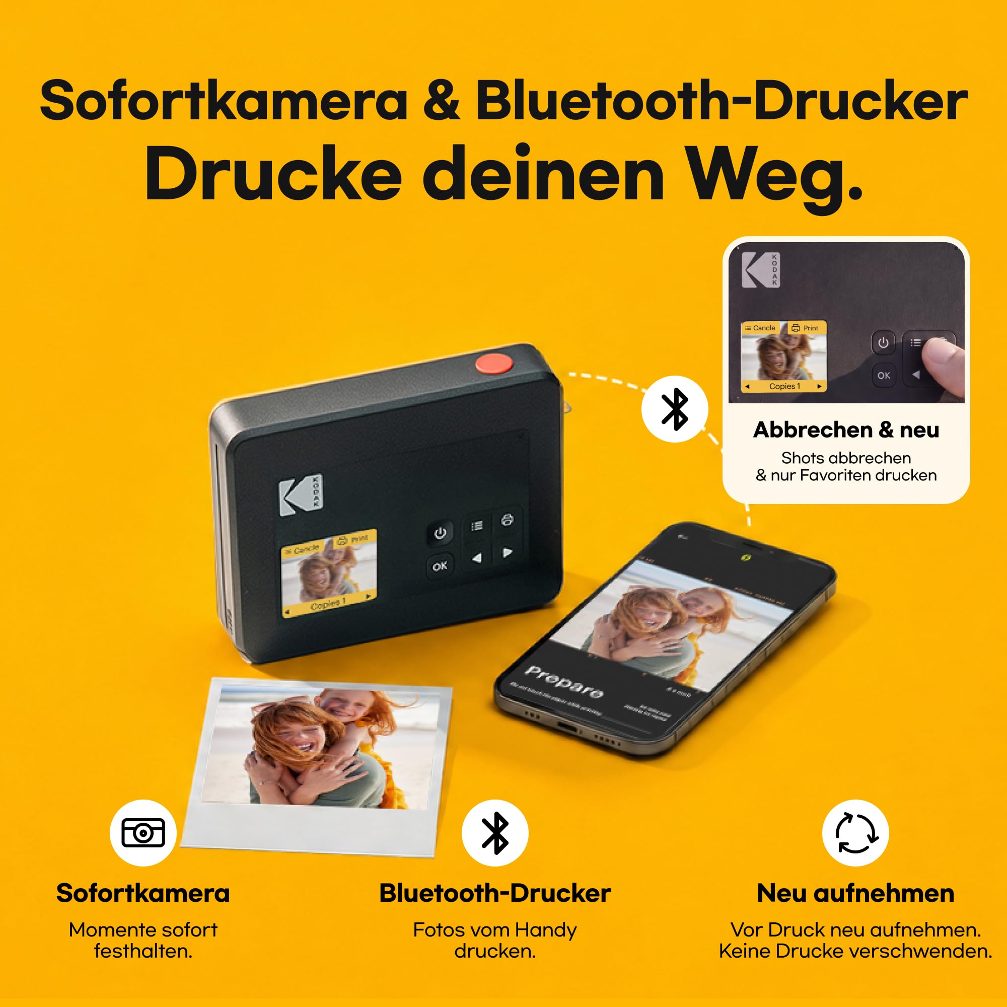 KODAK Mini Shot 3 Retro 7,6x7,6cm Sofortbildkamera, 38 Blatt, Weiß | Bluetooth, iPhone & Android kompatibel, 13-MP-Kamera, Druckvorschau, wasser-, fingerabdruck- & lichtbeständig