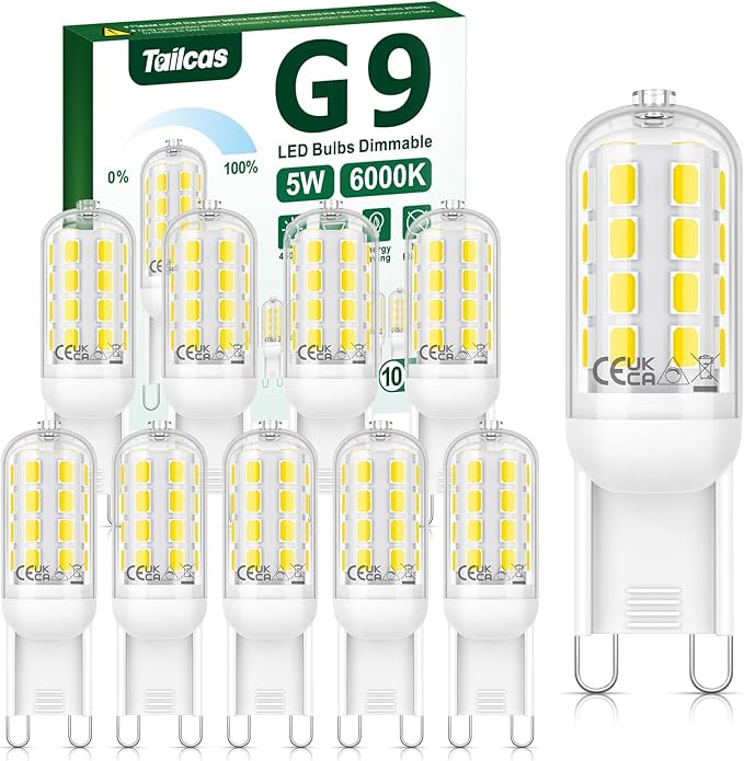 Tailcas G9 LED Bulbs Dimmable, 5W 6000K Cool White G9 Bulbs 450LM 10