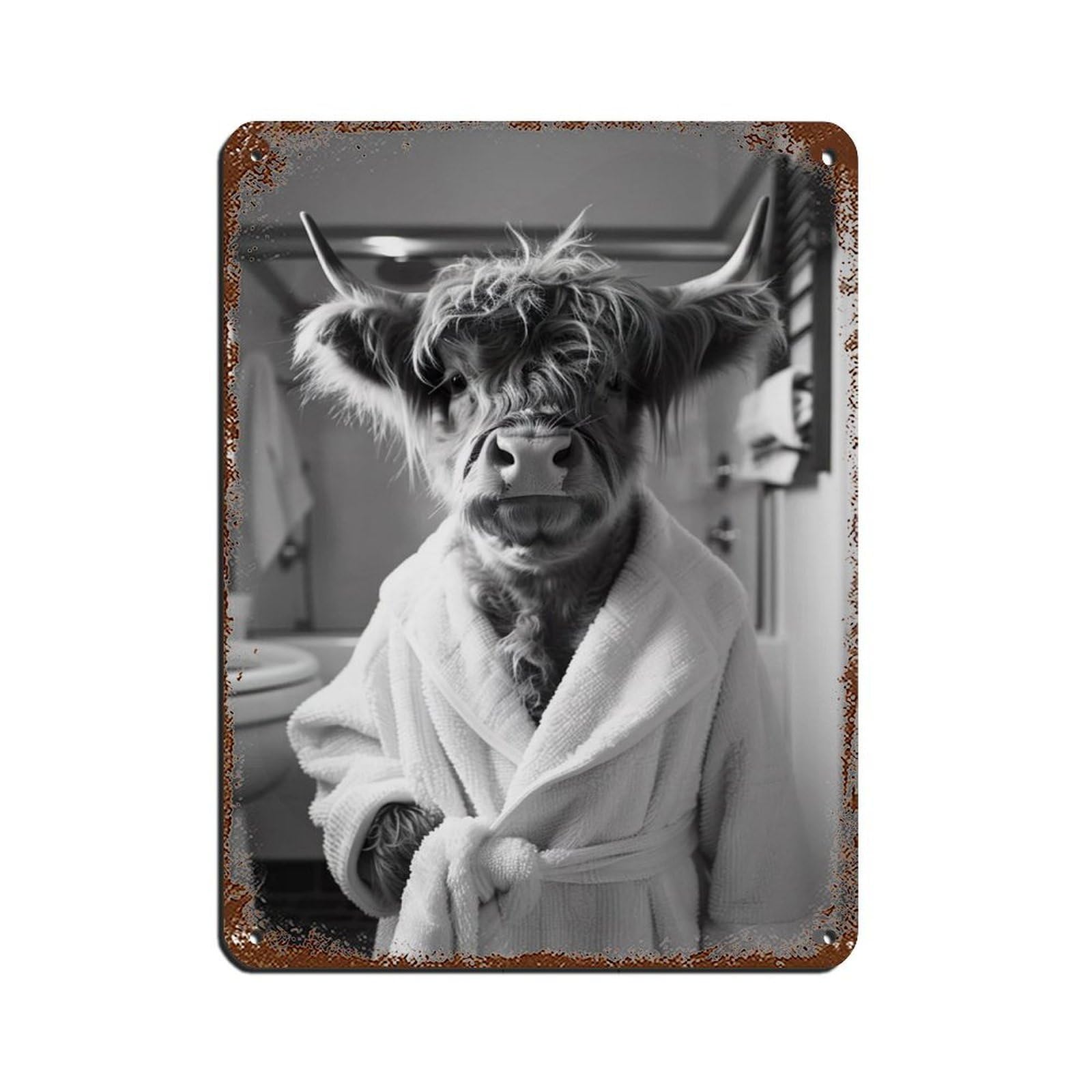 Highland Cow in A Bathrobe, Funny Bathroom Art Tin Sign Vintage Metal Pub Club Cafe Bar Home Wall Art Decoration Poster Retro 12x16inch(30x40cm)