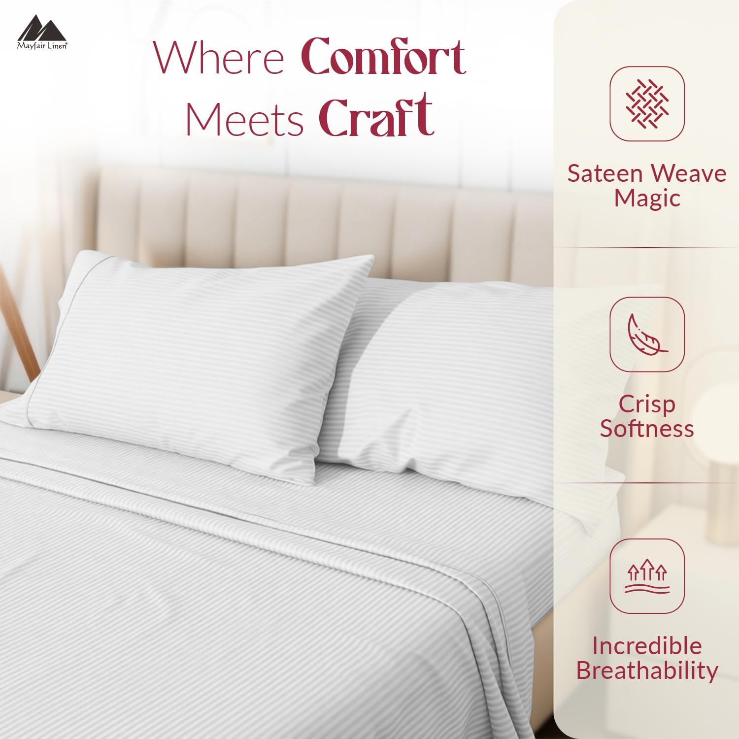 Mayfair Linen 100% Egyptian Cotton Full Size Sheet Set - Luxury 800 Series Striped Egyptian Cotton Sheets Full Size (4 PC, White Stripe), Silky Soft Cooling 16" Deep Pocket Damask Hotel Bed Sheets image 4