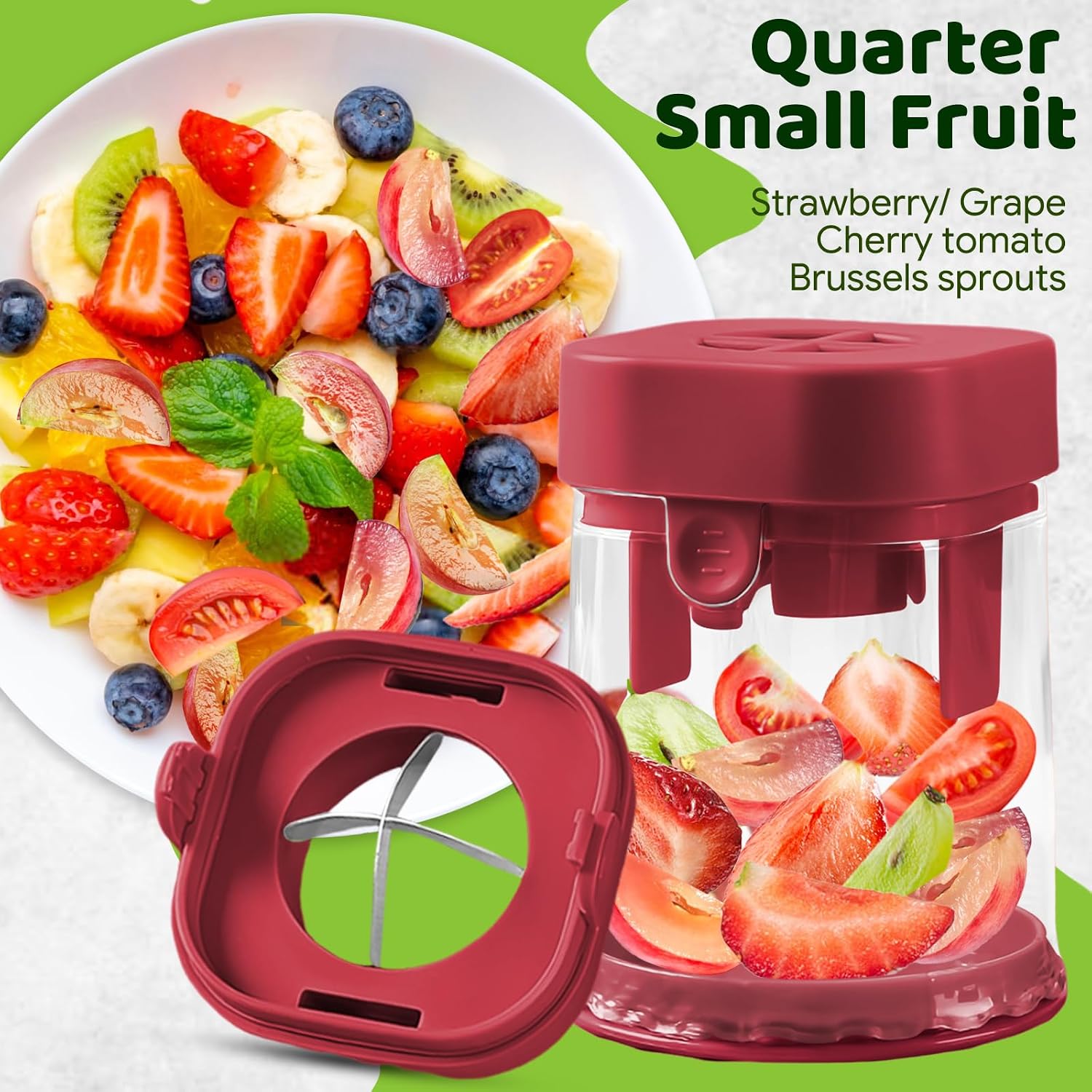 Small Fruit Cutter for Strawberry Grape Cherry Tomato, Quarter Slicer Tool (Red)