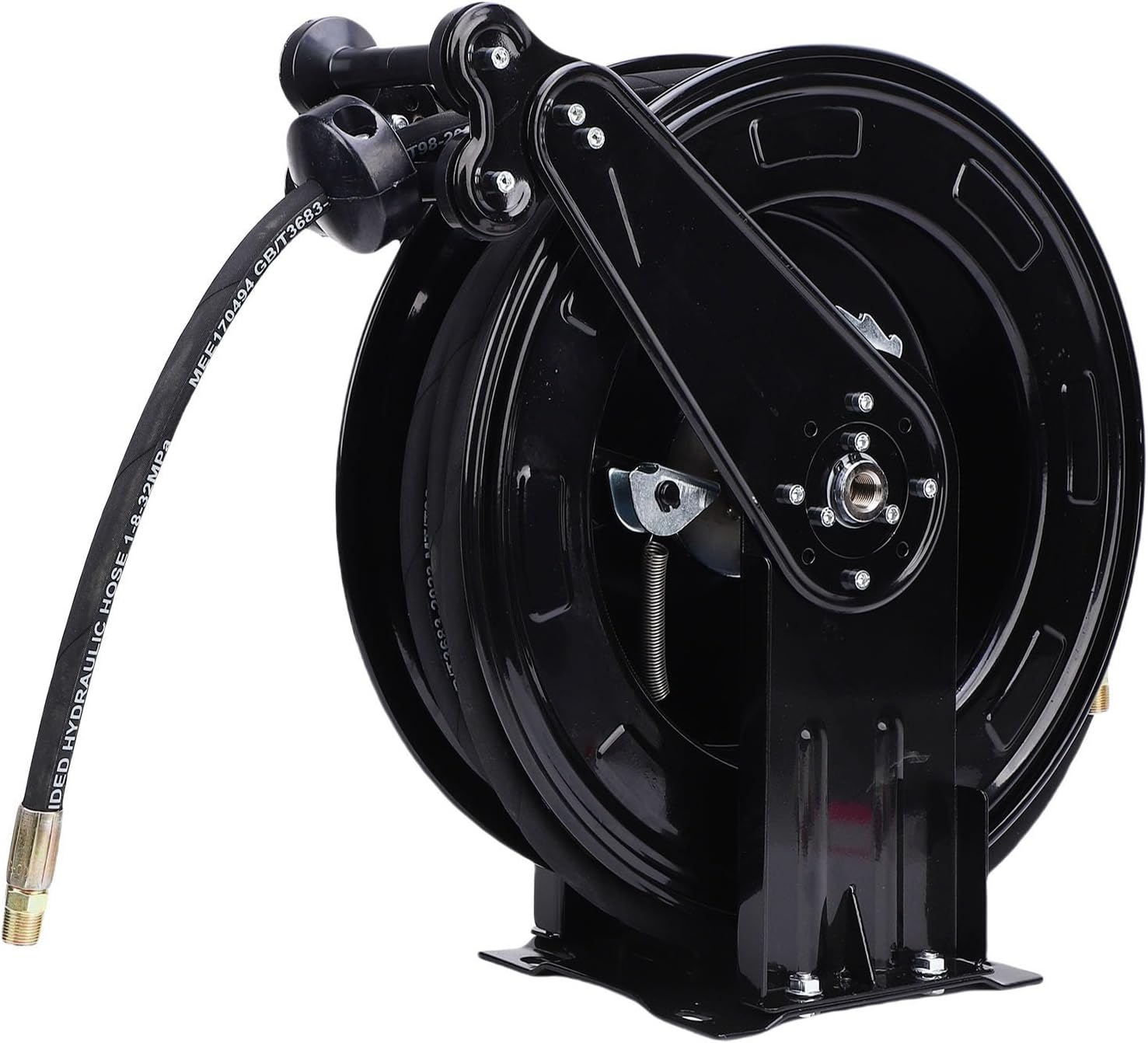 Diydeg Pressure Washer Hose Reel, 3/8in x 49.21ft Retractable Auto Rewind Heavy Duty Hose Reel with Length Locking, Power Washer Hose Reel with 4 Connectors, Adjustable Arms