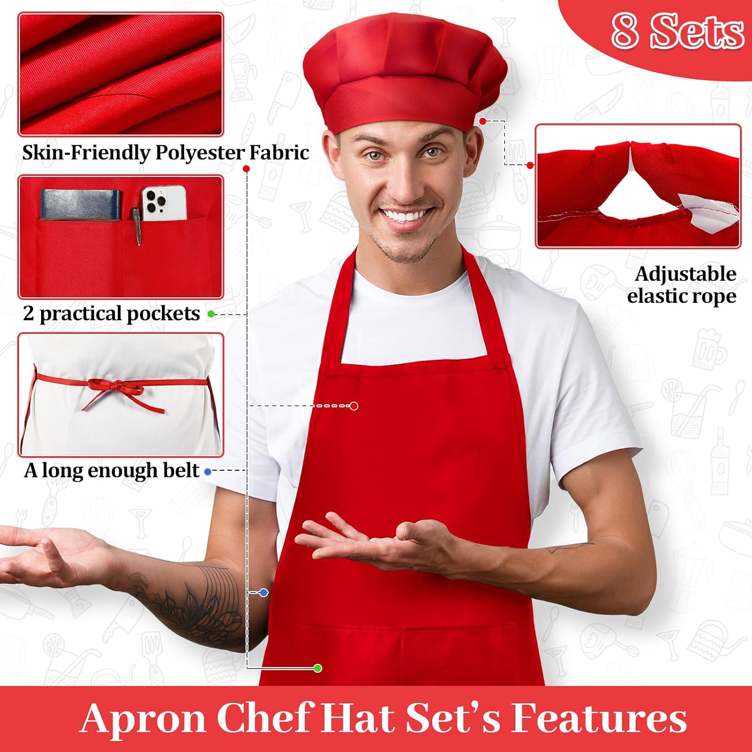 SATINIOR 8 Sets Adult Apron and Chef Hat Set Adjustable Chef Hat and Apron with Pockets for Women Men Gifts