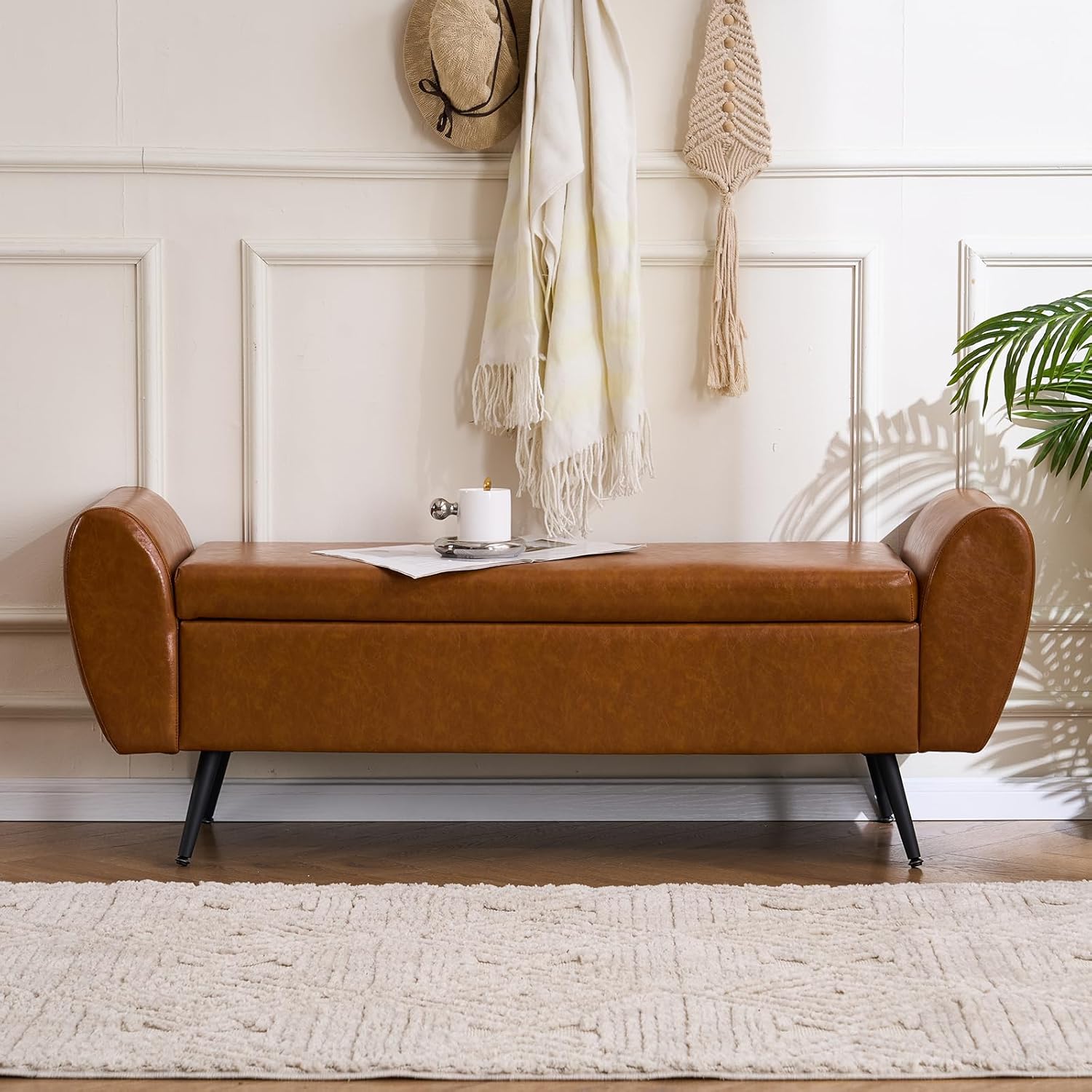 Storage Bench for Bedroom, 55" Extra Long Bench for King Size Bed, Modern Upholstered End of Bed Ottoman Bench with Arms for Entryway Living Room (Vegan Leather, Camel Brown)