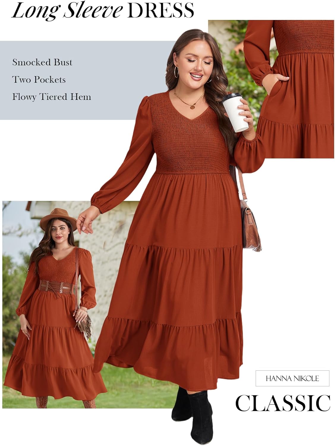 Hanna Nikole Women Plus Size Fall Dresses Long Sleeve V Neck Dress Maxi Casual Flowy Tiered 2025 Dress with Pockets - Image 4