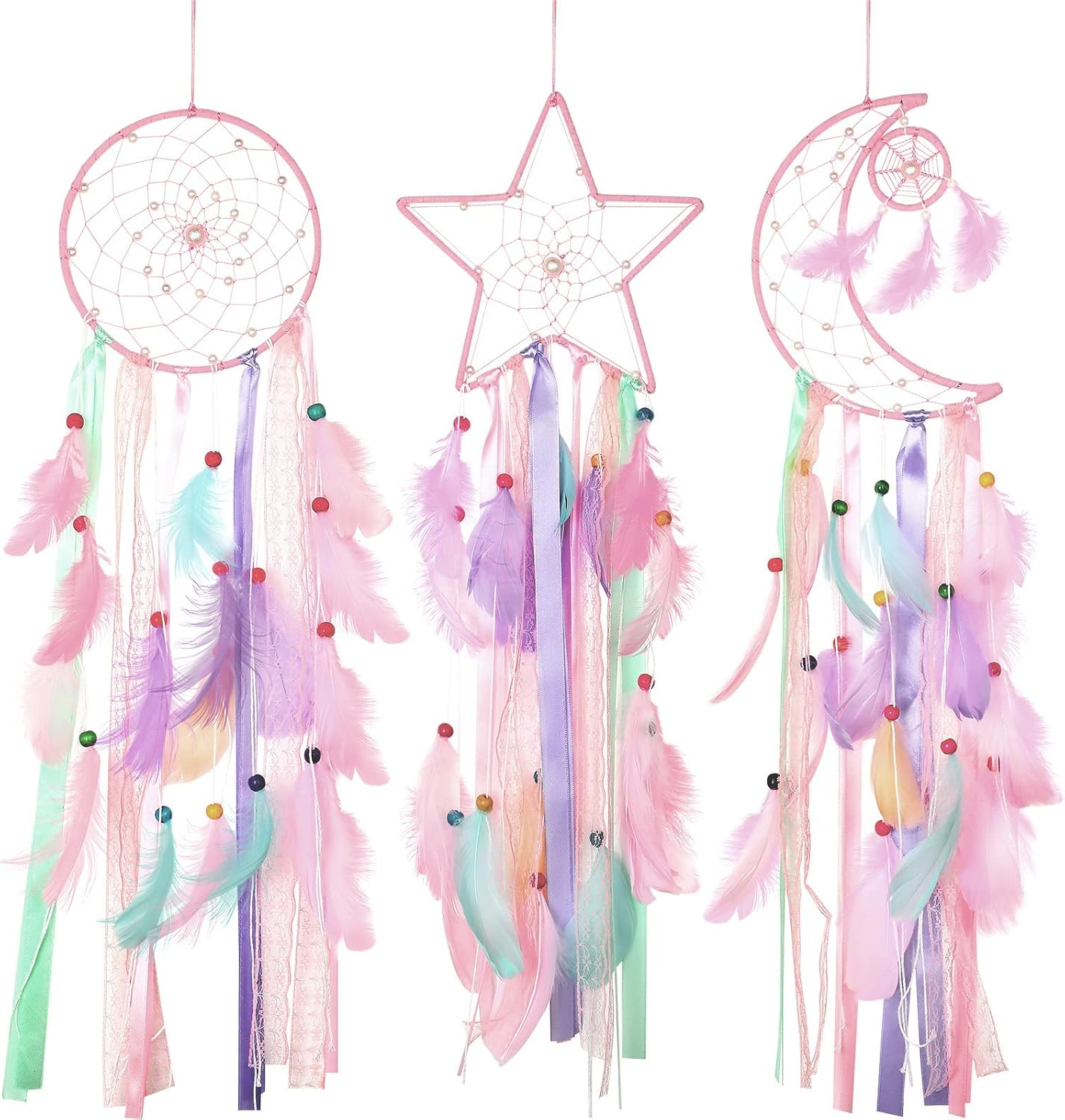Jetec 3 Pieces Dream Catcher Moon Sun Star Handmade Traditional Design for Wall Hanging Home Decoration (Macaron Color)