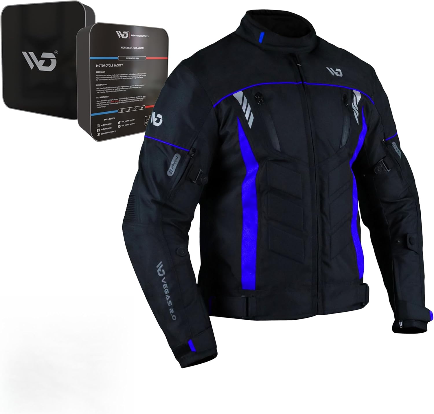 WD Motorcycle Jacket for Men CE Armoured Motorcycle Gear with padding, Breathable Cordura Fabric, Reflective Jacket for Night Visibility Powersports Protective Jackets Vegas 2.0 - (Blue, Small)