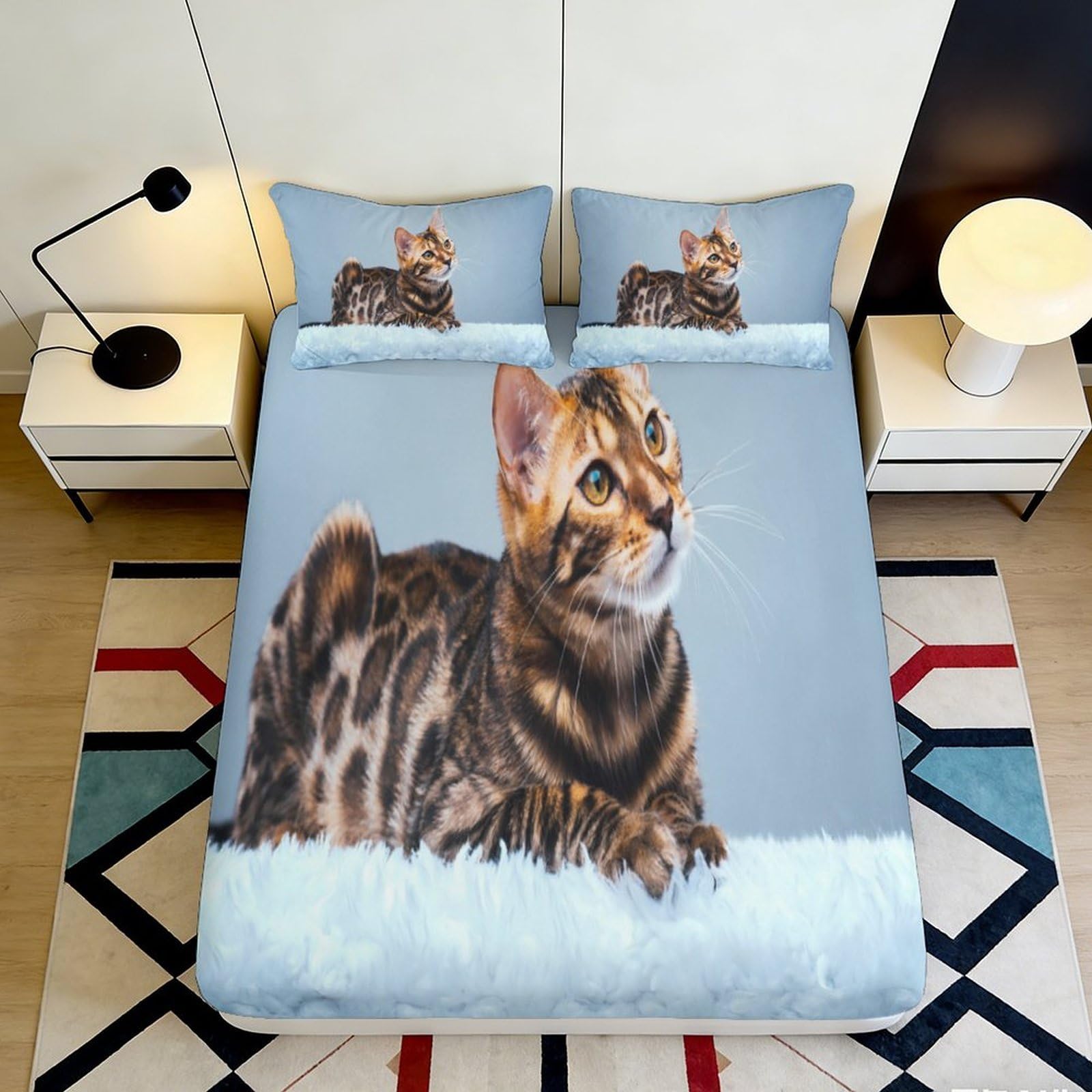 3D Printed Bengal Cat Fitted Sheet Microfiber Soft Blue Tabby Mattress Cover Bedroom Decor Washable Anti-Slip 90x200x25cm