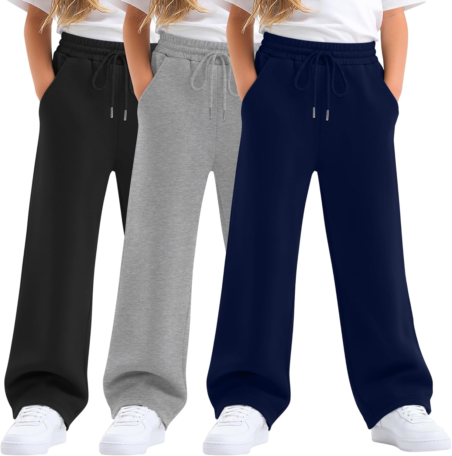 3 Pack Girls' Sweatpants Wide Leg Drawstring Athletic Pants Kids Elastic Waist Baggy Casual Joggers with Pockets
