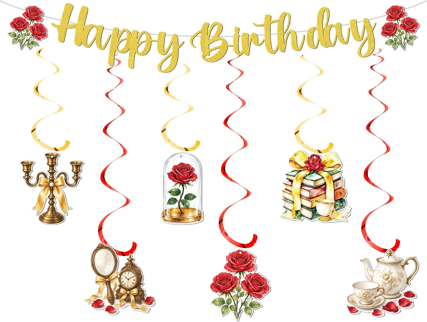 Happy Birthday Decorations Banner, Gold Glitter Princess Rose Bday Decor