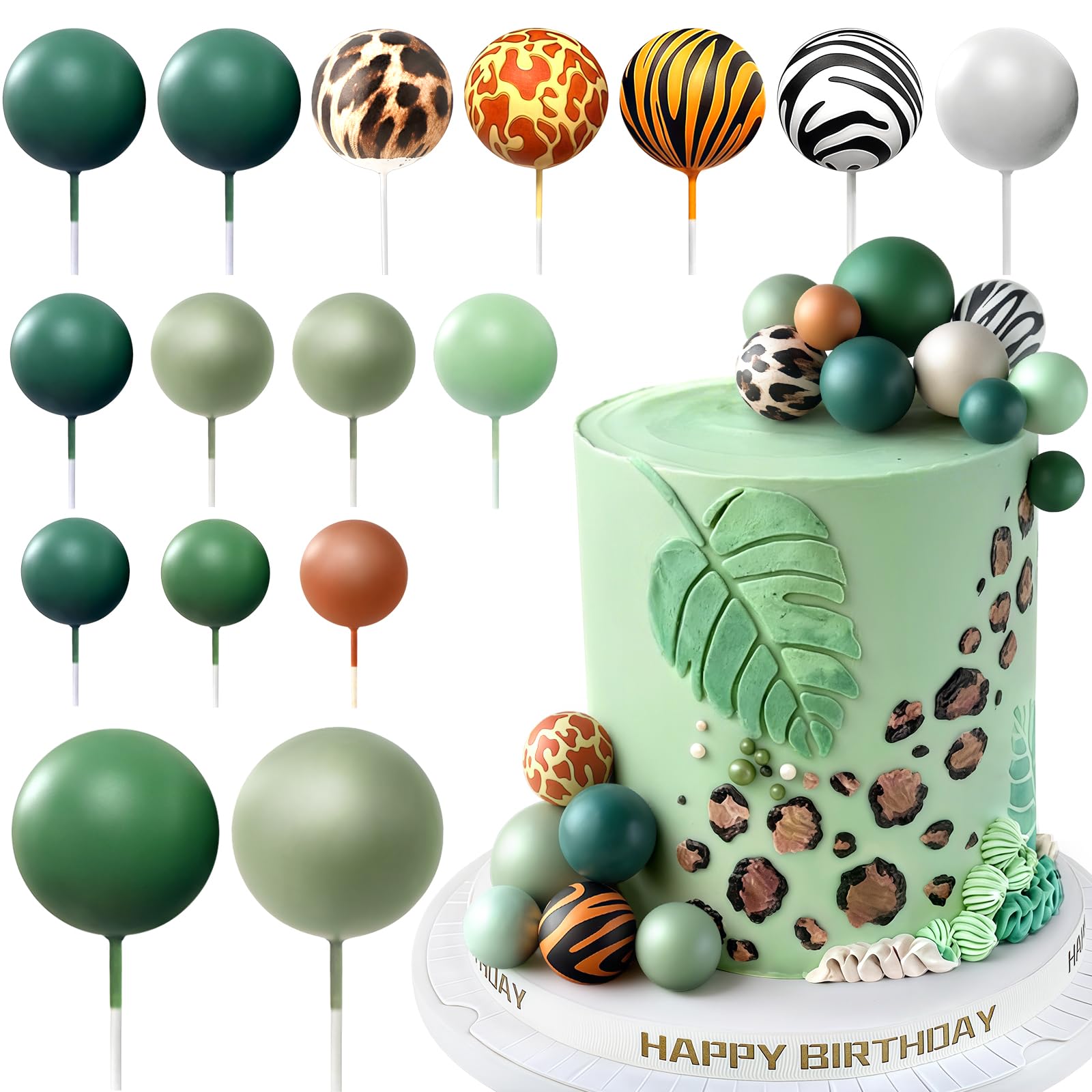 Wild One Cake Topper, Jungle Safari Balls Cake Decorations with Animal Print and Green Balls for Tiger Zebra Leopard Theme Birthday Cupcake Decorations