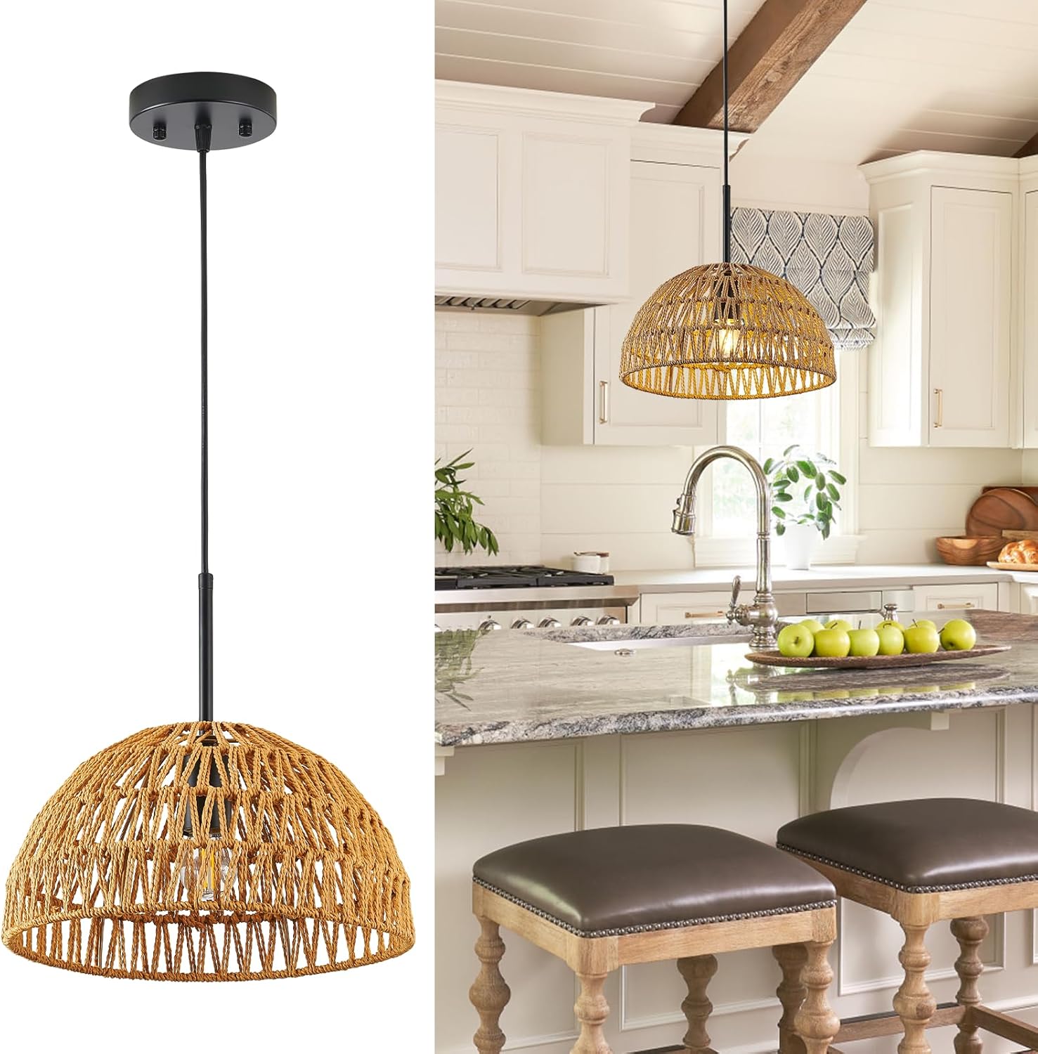 Blhxian Hemp Rope Woven Pendant Lights Kitchen Island,Boho Light ...