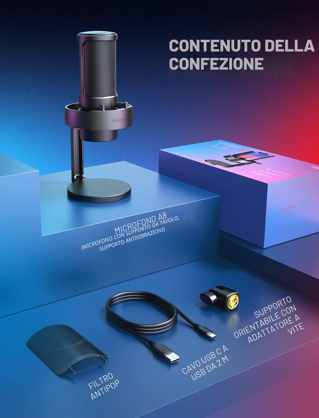 FIFINE USB Microfono per PC Gaming PS4 PS5, RGB Microfono a Condensatore per Streaming, Podcasts, con Controllo RGB, Tocco Muto, Jack per Cuffie e Filtro Anti-Pop