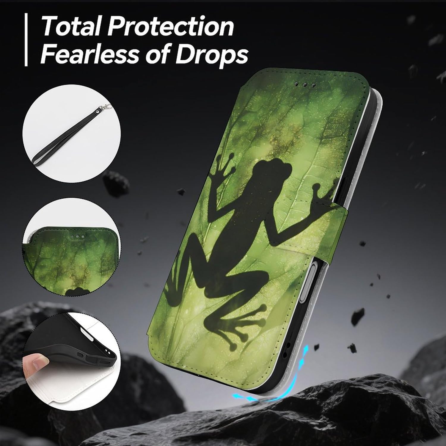 Frogs Shadow On The Leaf Compatible with iPhone 16/16 Plus/16 Pro/16 Pro Max/16 E Case Phone Wallet Card Holder Flip Cover with Wrist Strap