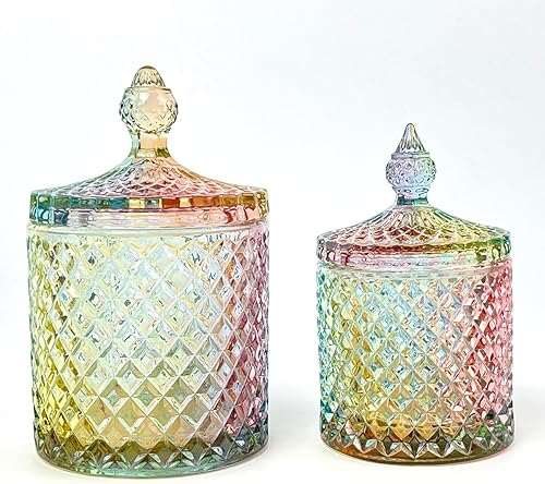 Miniatura 7 de Tarro de almacenamiento de barril de caramelo de cristal colorido tarro de almacenamiento de galletas de lujo en relieve bote de buffet con tapas
