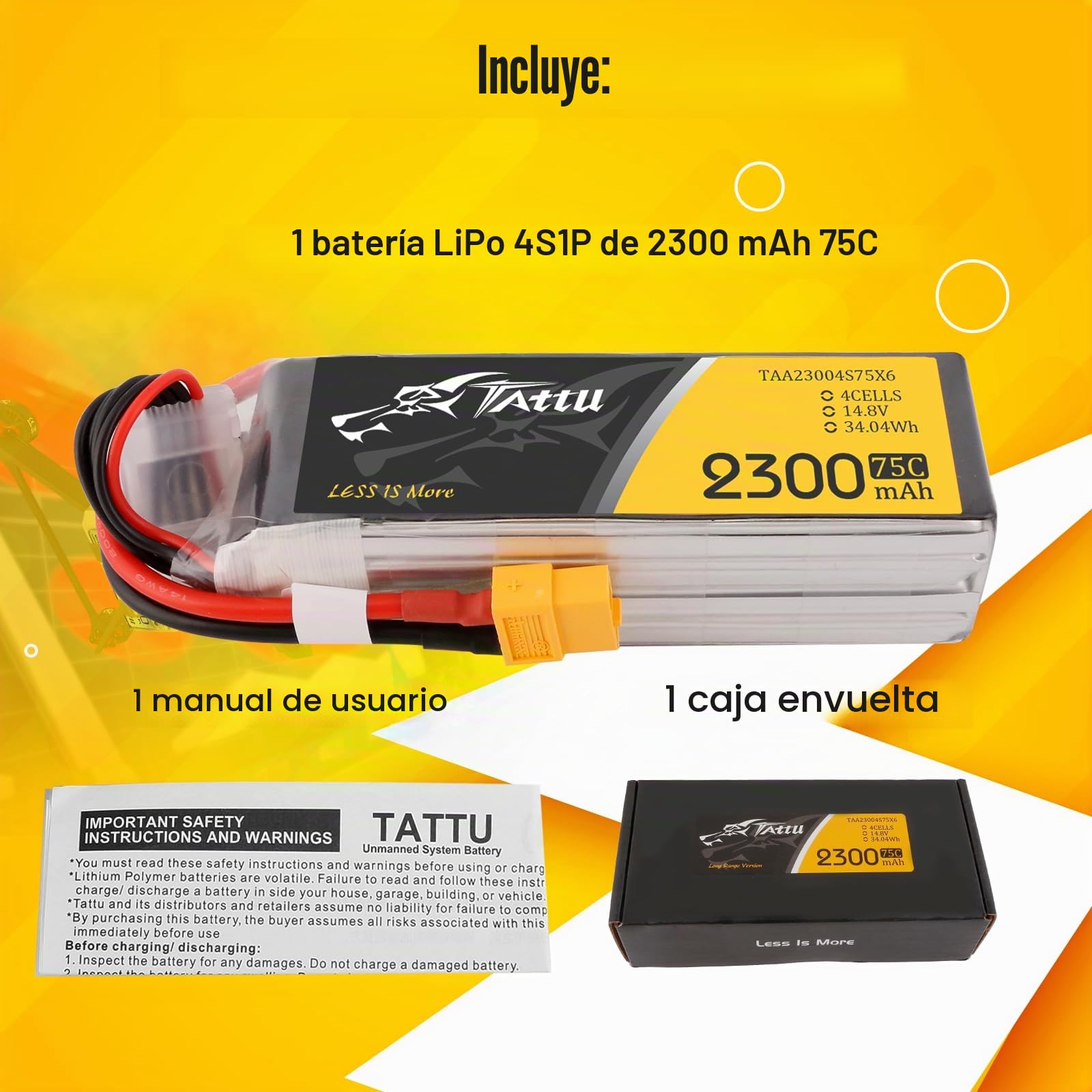 Tattu 4S LiPo 2300mAh 75C 14.8V Batería para FPV Racing, Quadricópteros, Helicópteros, Aviones RC y Barcos RC