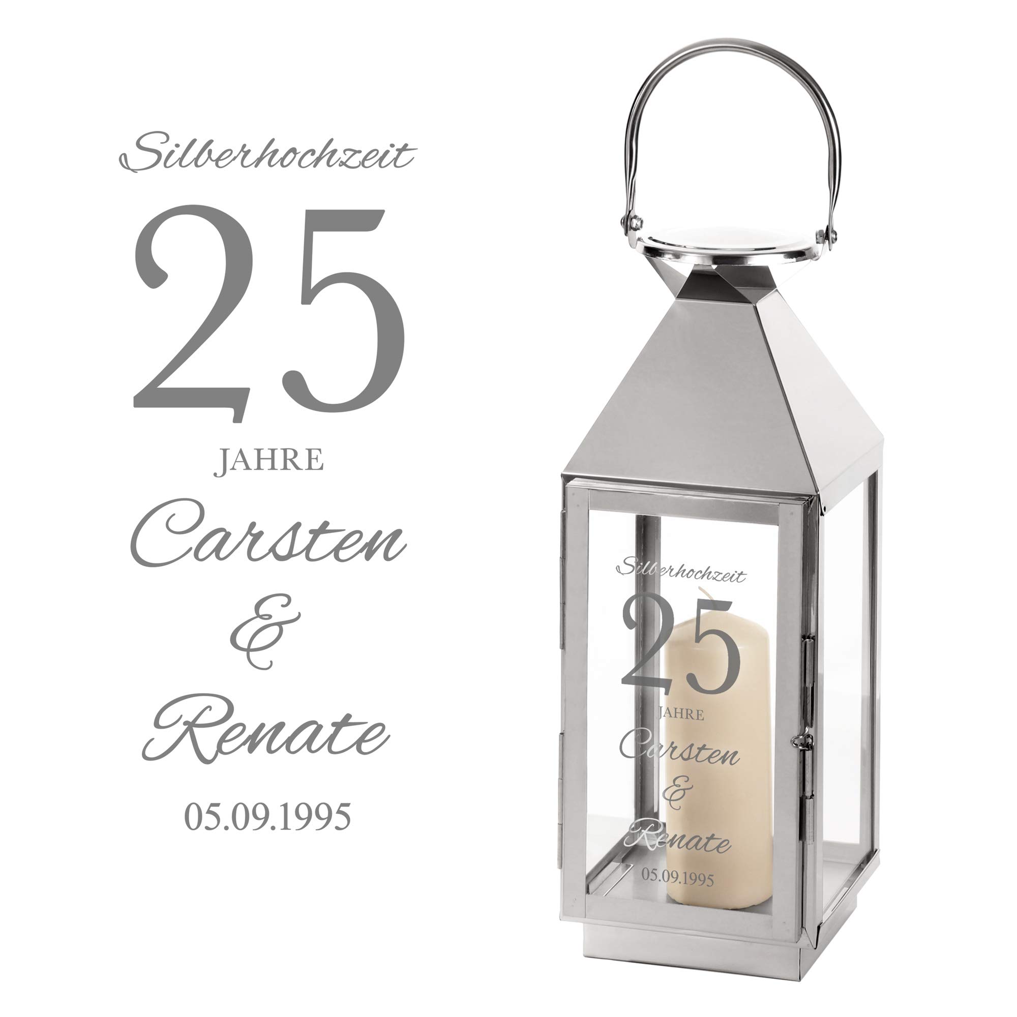 Casa Vivente Laterne aus Edelstahl mit Gravur zur Silbernen Hochzeit, Personalisiert mit Namen und Datum, Dekoration für Haus und Garten, Geschenkidee zum 25. Hochzeitstag