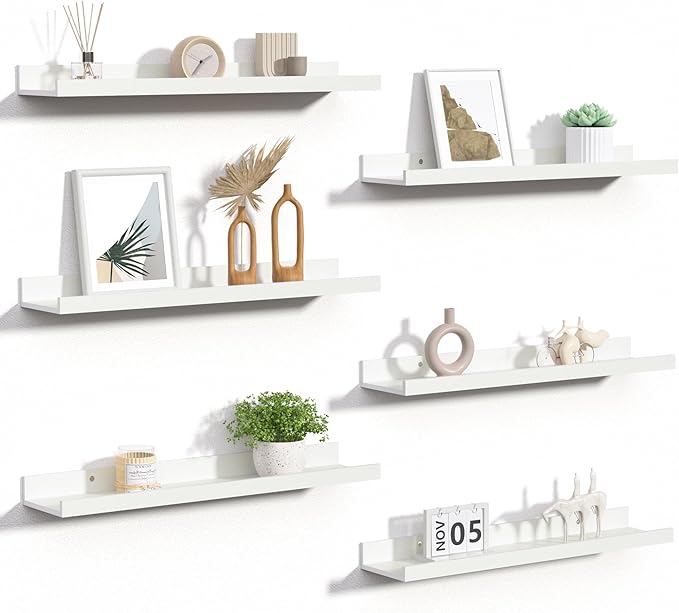 upsimples Floating Shelves for Wall, 23.6 Inch Shelves for Decor Storage Set of 6, Wall Mounted Wood Shelf for Bedroom, Living Room, Bathroom, Kitchen, Long Picture Ledge Shelves, Natural