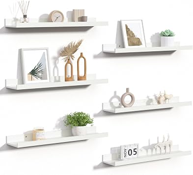 upsimples Floating Shelves for Wall, 23.6 Inch Shelves for Decor Storage Set of 6, Wall Mounted Wood Shelf for Bedroom, Living Room, Bathroom, Kitchen, Long Picture Ledge Shelves, White