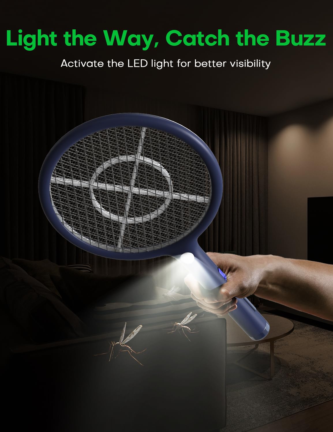 AROEVE Elektrische Fliegenklatsche, 2-in-1 Fliegenklatsche, 4000V, USB-Ladebasis, 1200mAh wiederaufladbarer Akku, Auto-Anlockmodus, LED-Licht, 3-Fach Schutznetz, für Innen/Außen, Blau
