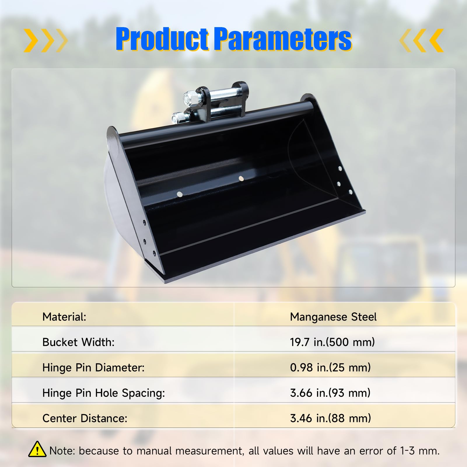 Planierlöffel 500 mm für Minibagger 0,8–1,8 t, zahnlos | Aufnahme 90 mm, Achsabstand 90 mm, Bohrung Ø25 mm, 2 Bolzen mit Muttern, Manganstahl, für Sand Kies Grabenräumung